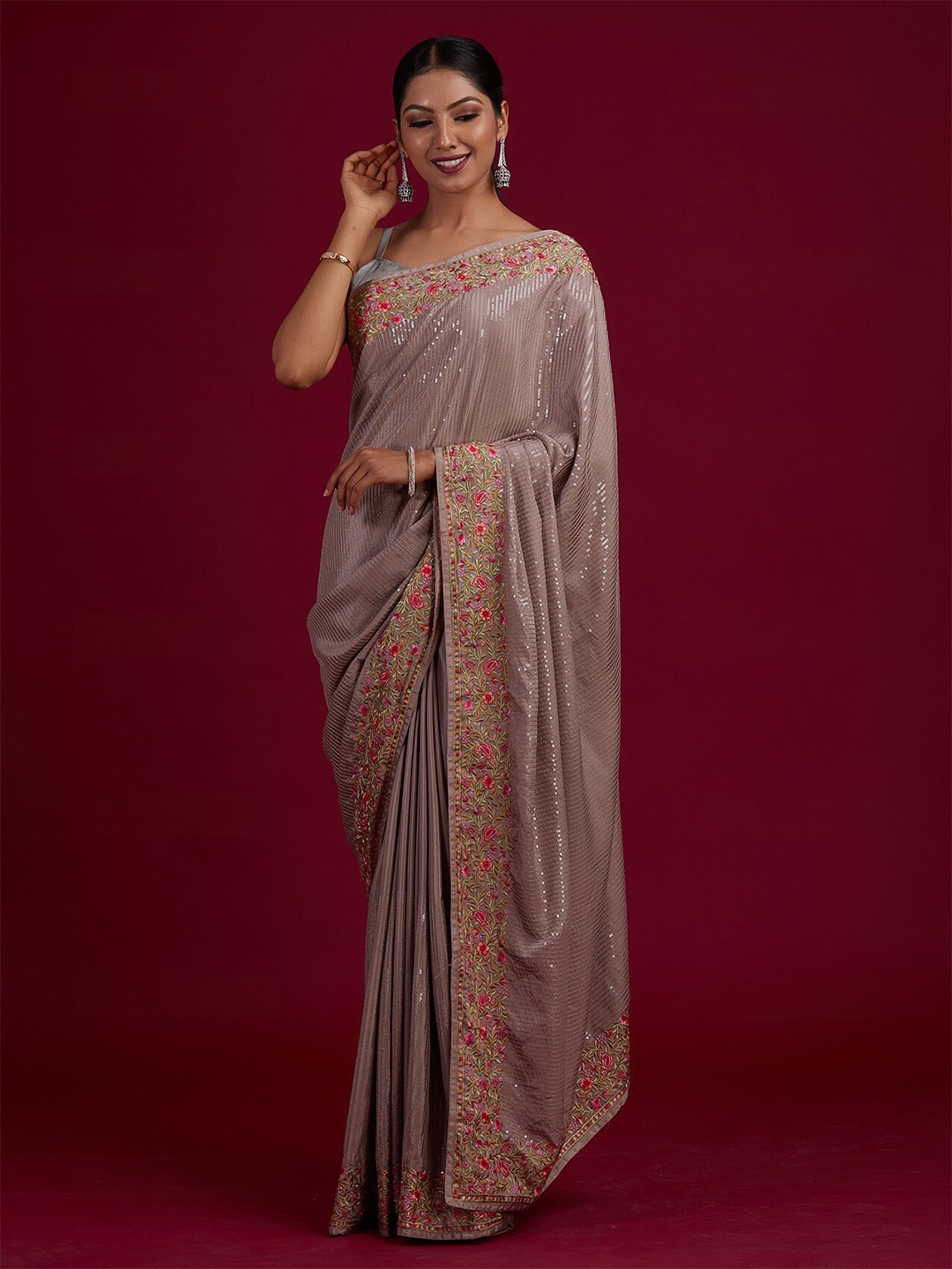 

Koskii Grey & Pink Floral Embroidered Saree