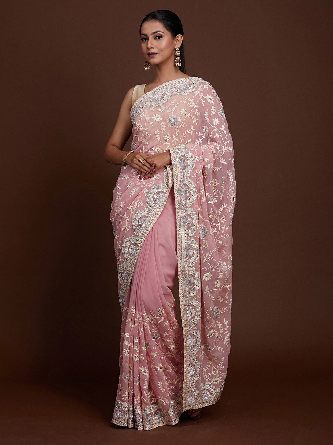

Koskii Women Pink & Silver-Toned Floral Embroidered Supernet Georgette Saree