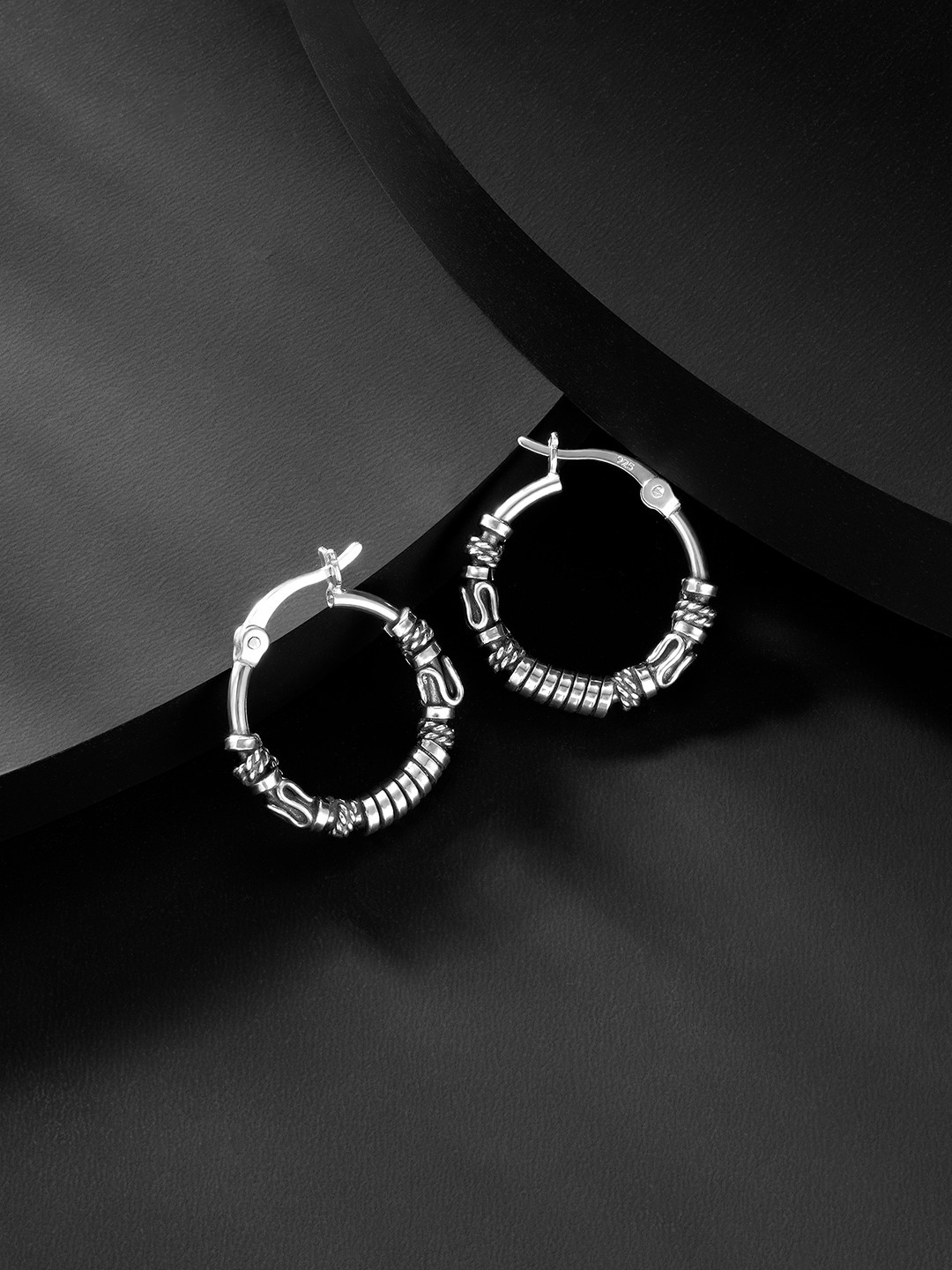 

Silvora by Peora Women Silver-Plated Oxidised Circular Hoop Earrings