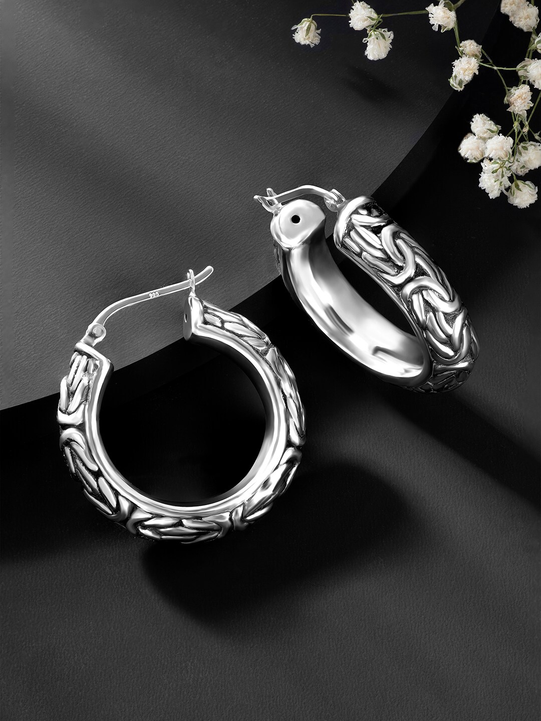 

Silvora by Peora Silver-Toned Oxidised Circular Hoop Earrings