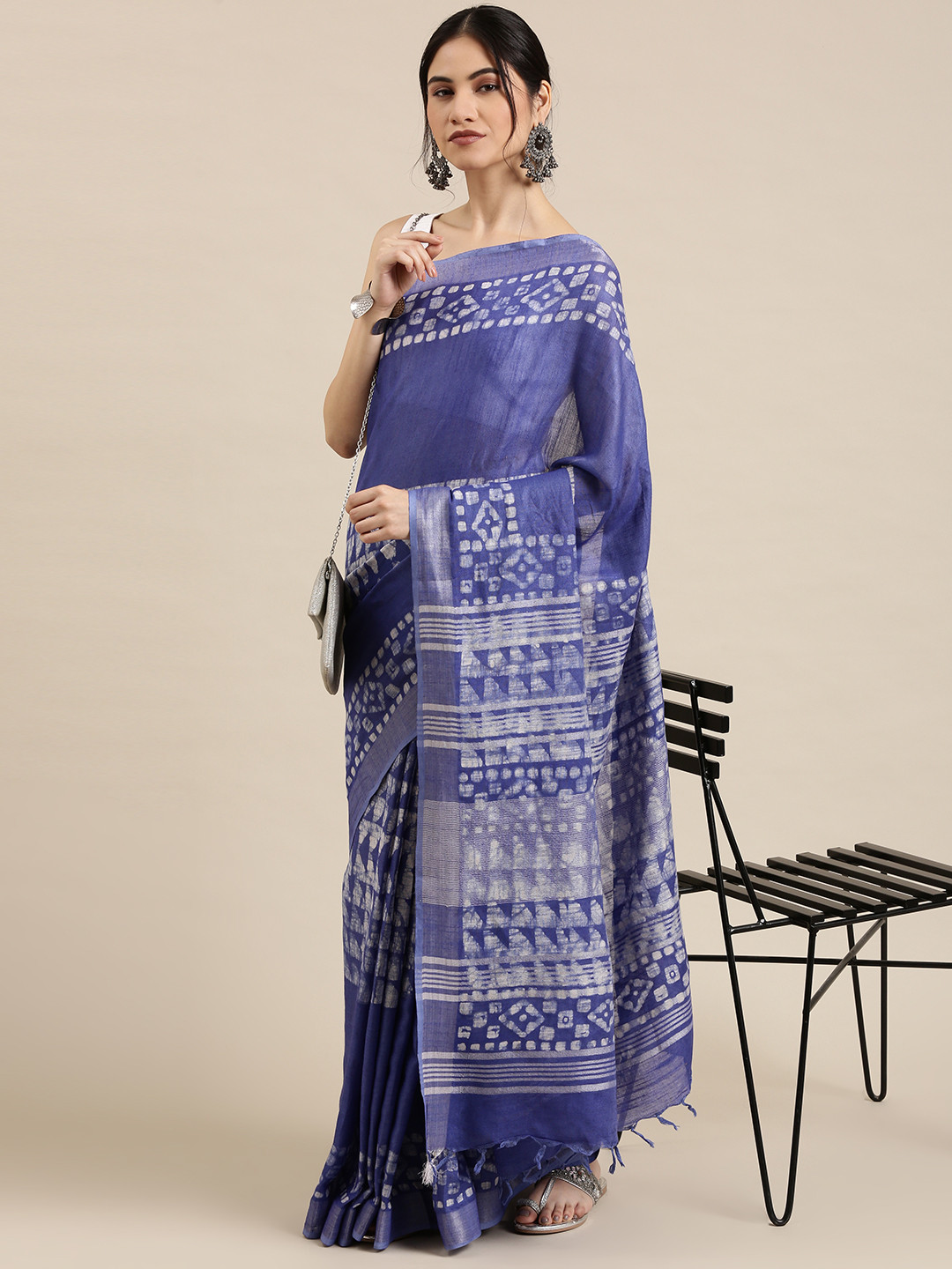 

Taavi Navy Blue & White Batik Linen Blend Block Print Saree