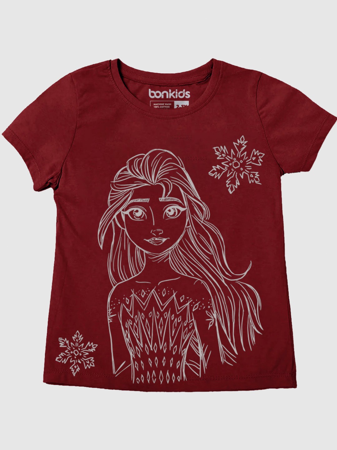 

BONKIDS Girls Maroon Regular Fit Princess Elsa Printed T-shirt