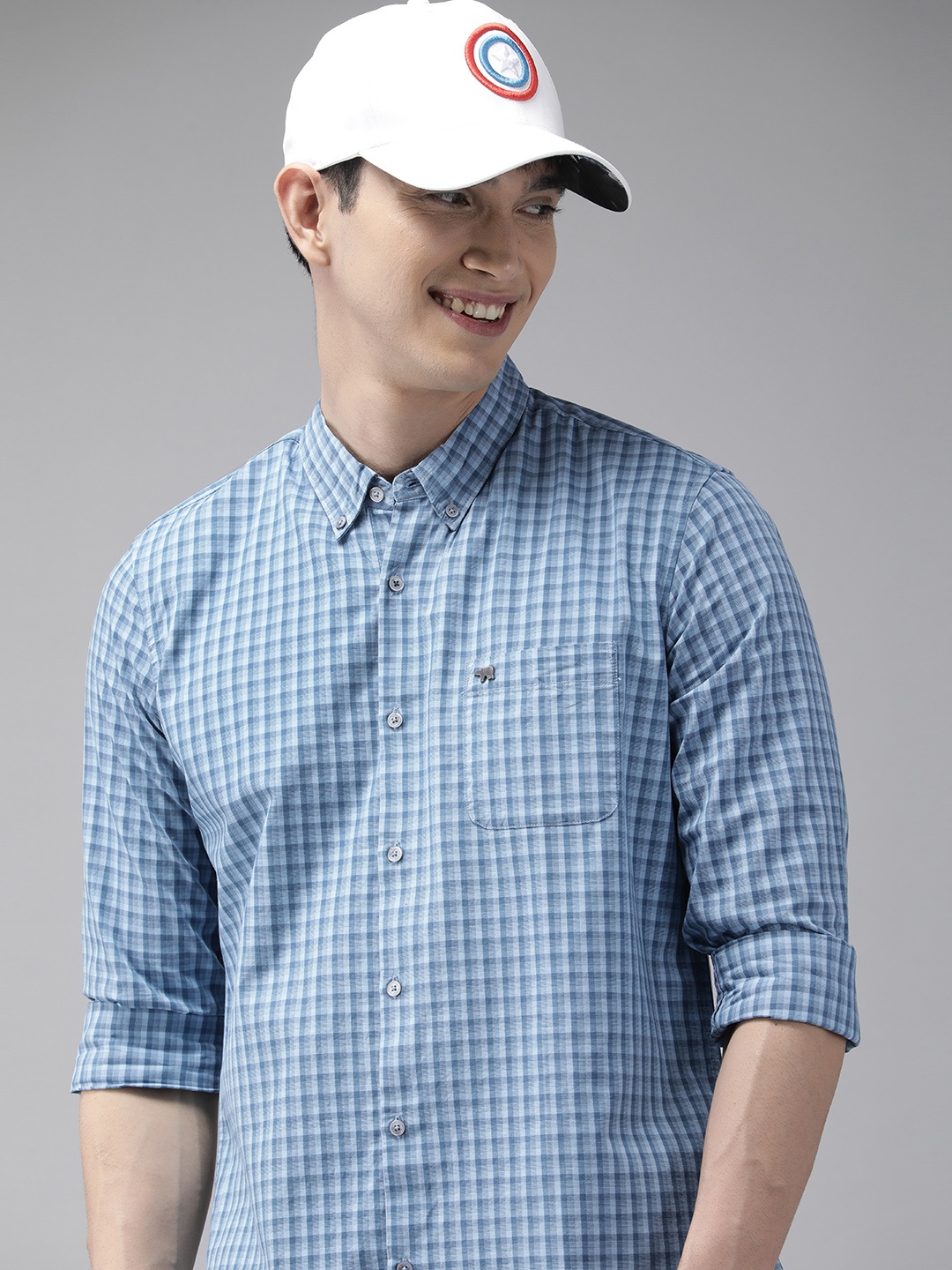 

THE BEAR HOUSE Men Blue Slim Fit Checked Cotton Casual Shirt