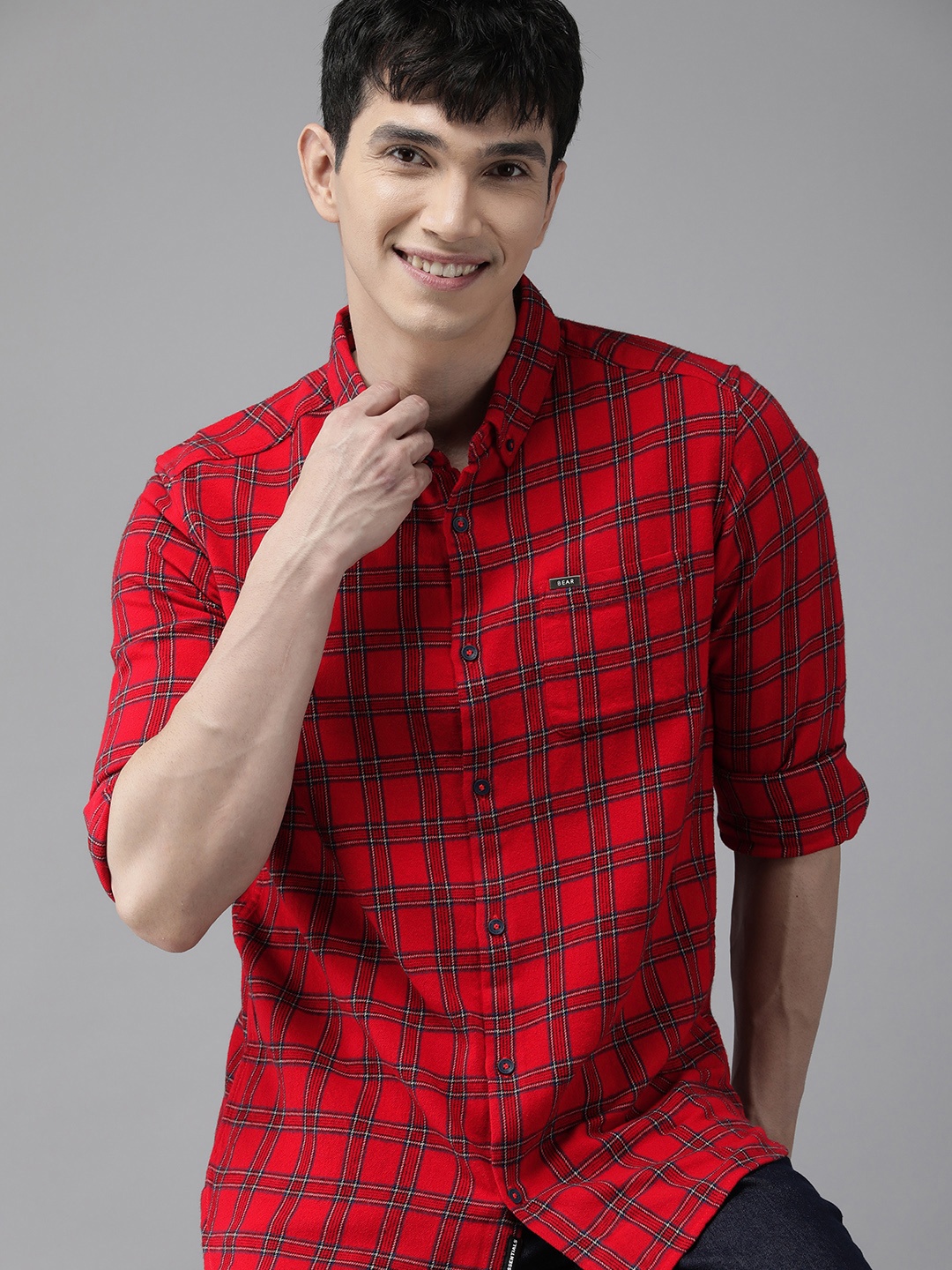 

THE BEAR HOUSE Men Red Slim Fit Checked Cotton Casual Shirt