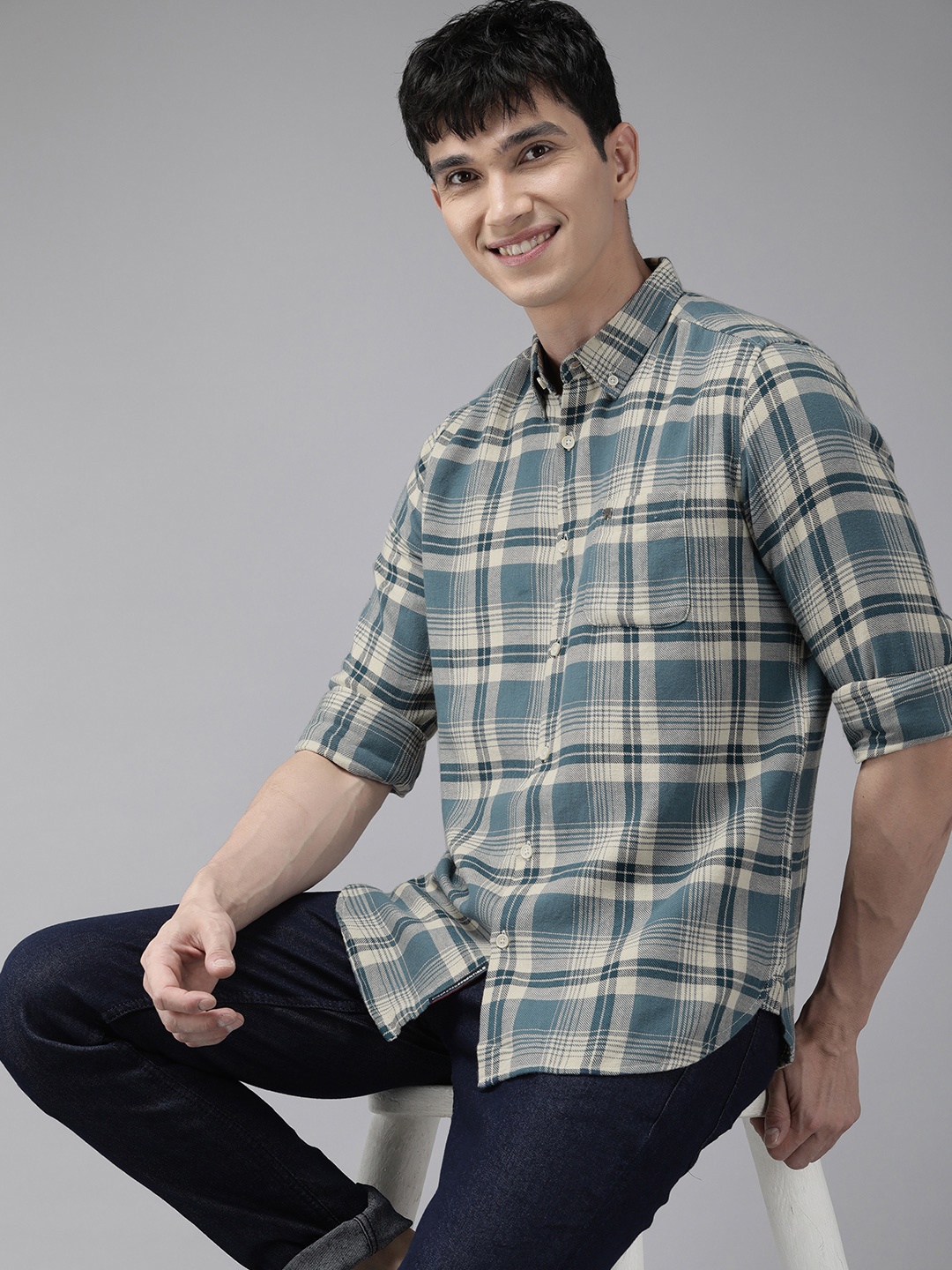 

THE BEAR HOUSE Men Blue Slim Fit Tartan Checked Cotton Casual Shirt