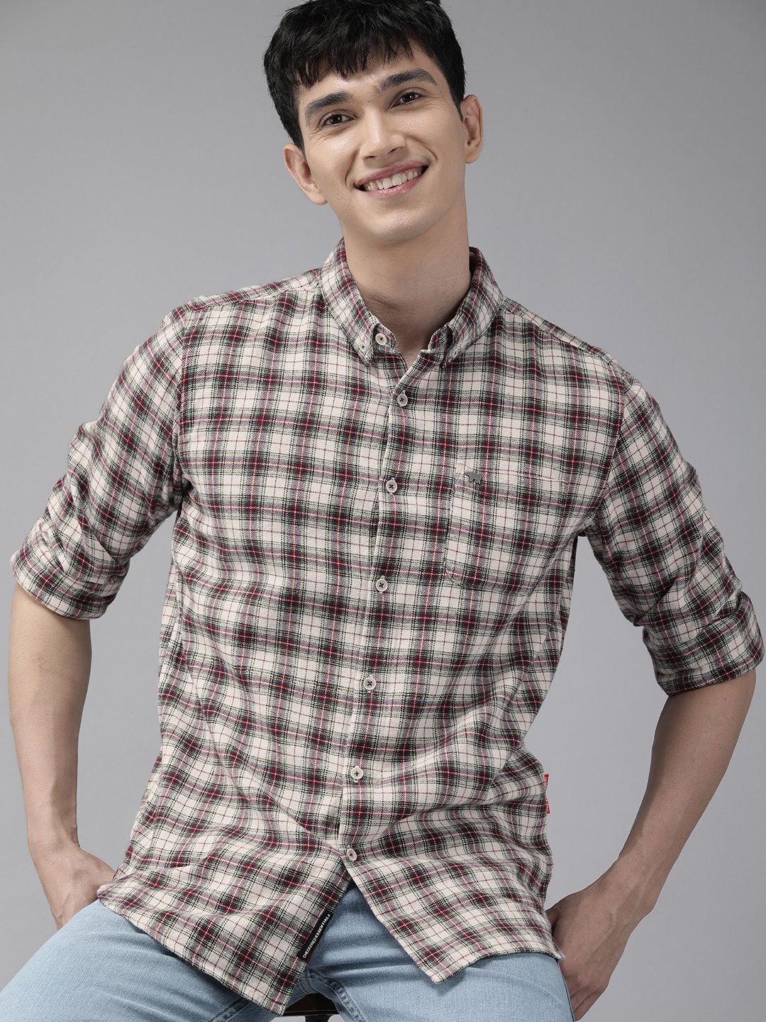 

THE BEAR HOUSE Men Purple & Beige Slim Fit Checked Cotton Casual Shirt