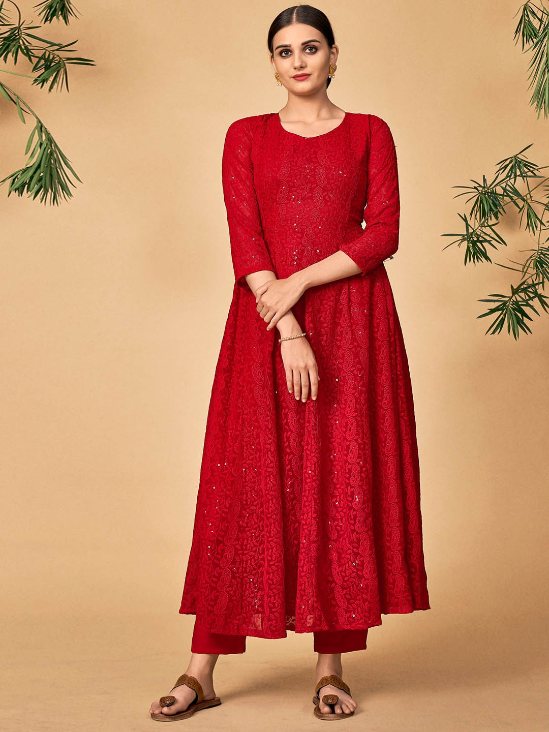

DRESSTIVE Women Red Sequinned Kurta With Trousers & With Dupatta