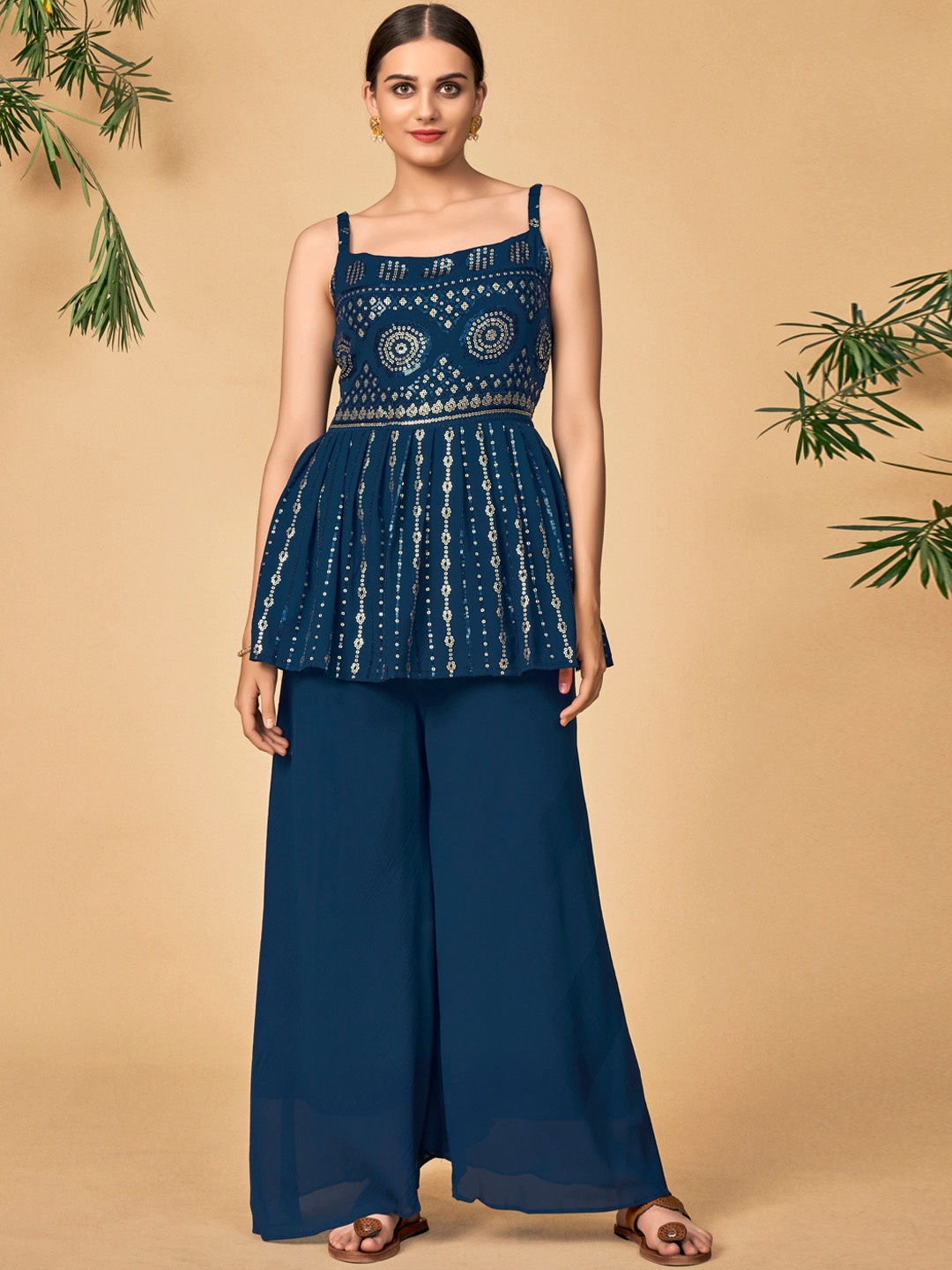 

DRESSTIVE Women Navy Blue Floral Printed Sequinned Kurti with Palazzos