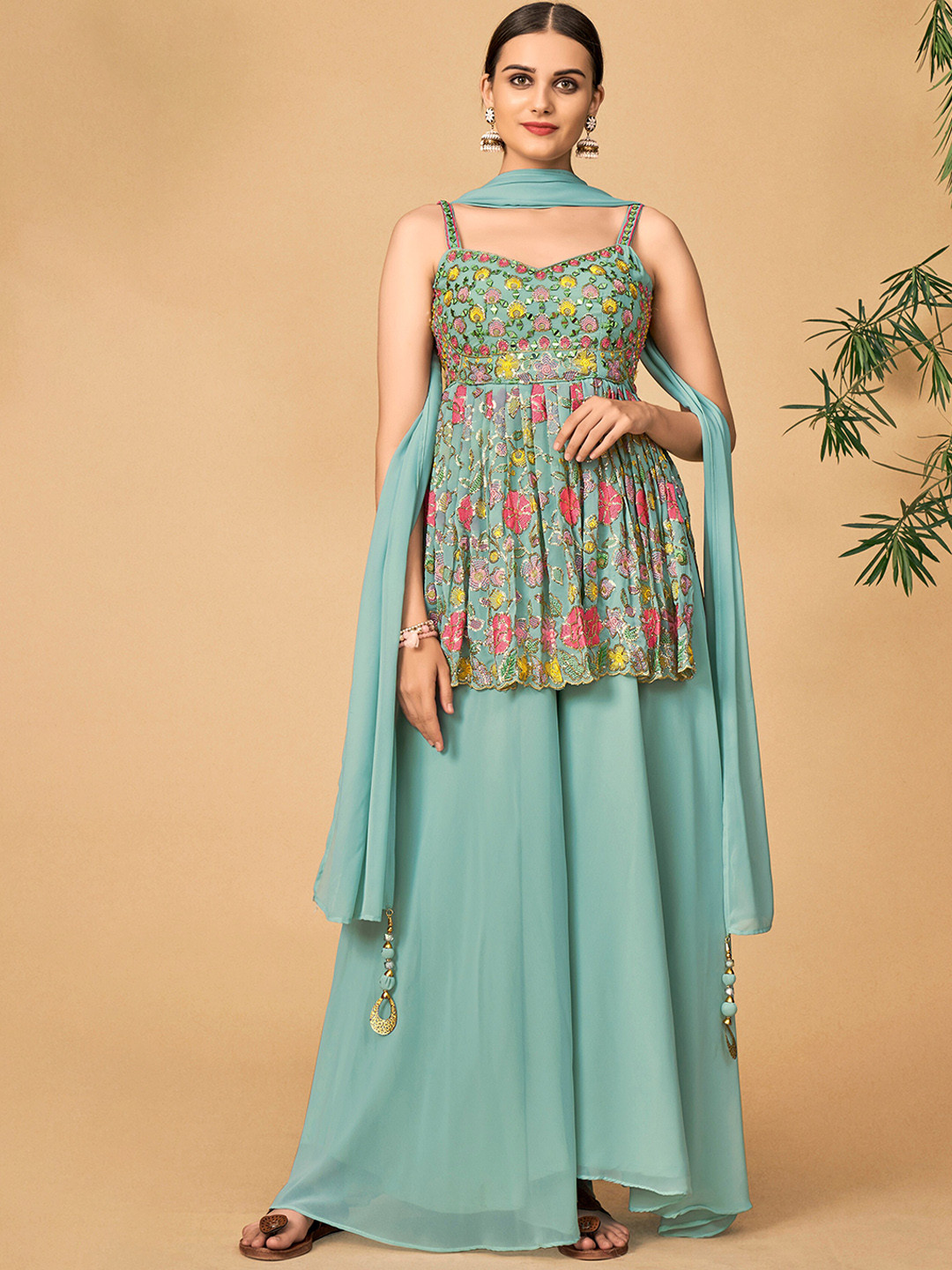 

DRESSTIVE Women Turquoise Blue Ethnic Motifs Embroidered Kurti with Palazzos & Dupatta