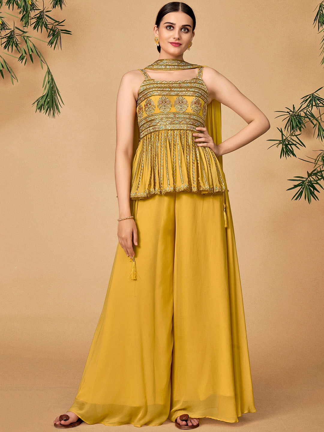 

DRESSTIVE Women Mustard Yellow Empire Thread Work Kurti with Palazzos