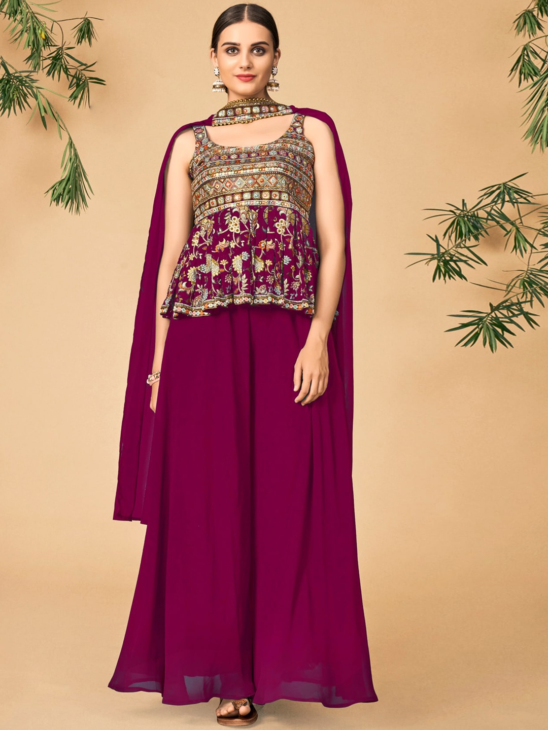 

DRESSTIVE Women Pink Floral Embroidered Empire Mirror Work Kurti with Palazzos & Dupatta