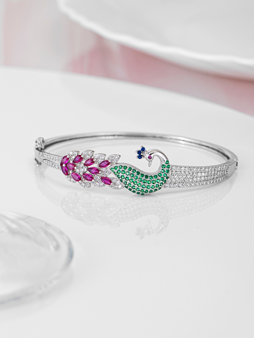 

Zavya Women Pink & Green 925 Sterling Silver Rhodium-Plated Cuff Bracelet