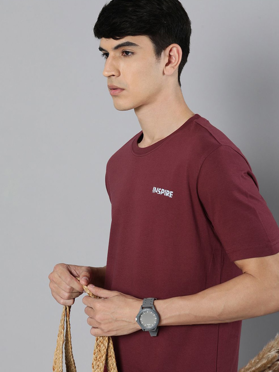 

HERE&NOW Men Burgundy Pure Cotton T-shirt