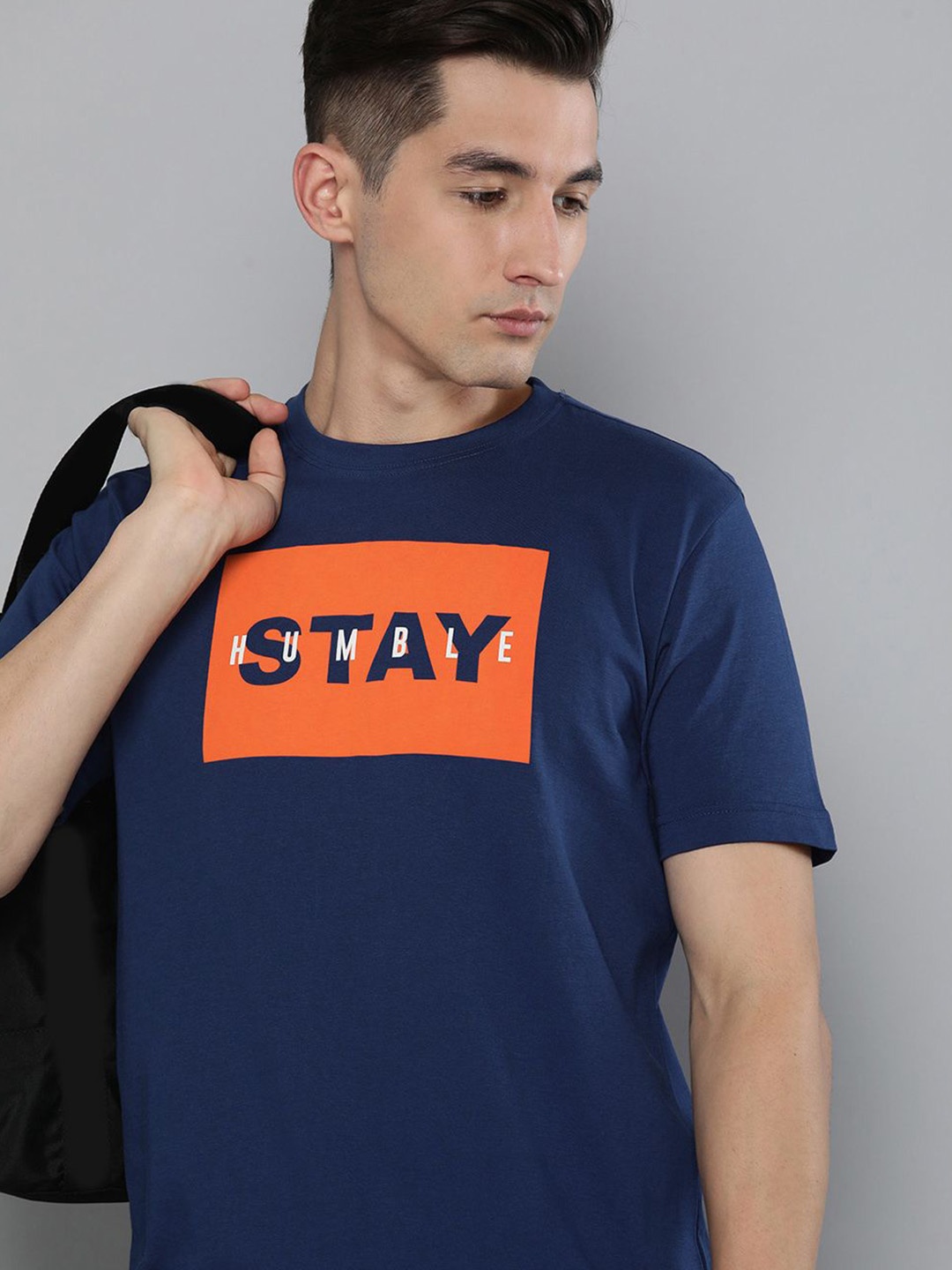 

HERE&NOW Men Navy Blue Typography Printed Pure Cotton T-shirt
