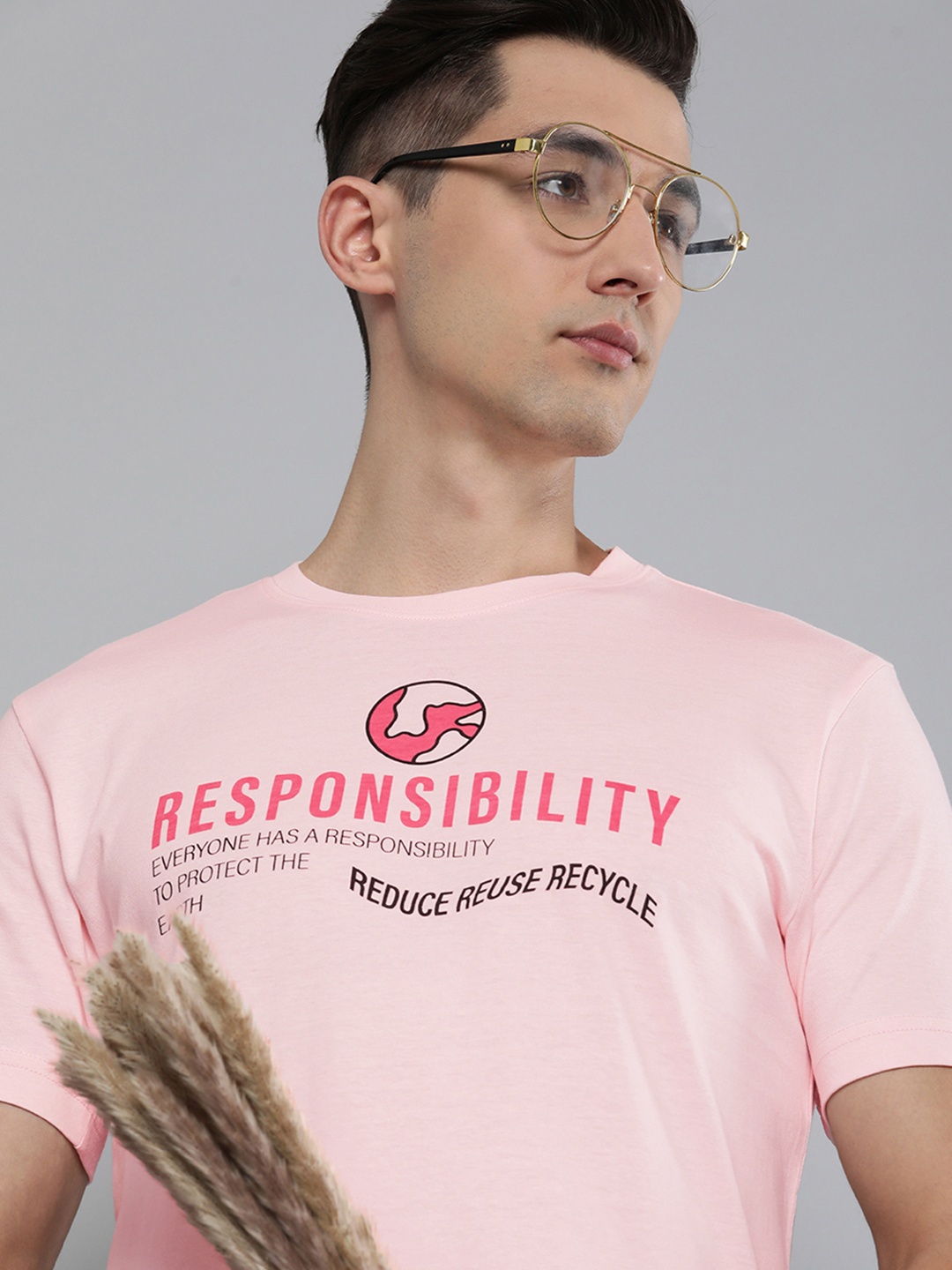 

HERE&NOW Men Pink Typography Printed Pure Cotton T-shirt