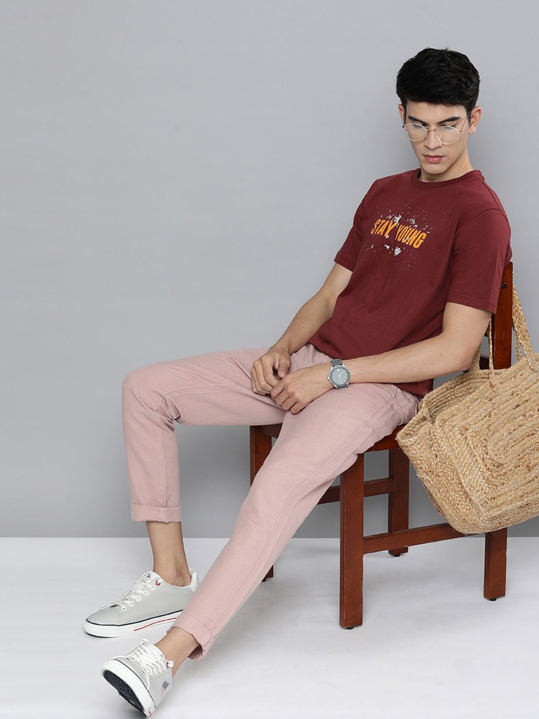 

HERE&NOW Men Maroon & Mustard Yellow Typography Printed Pure Cotton T-shirt