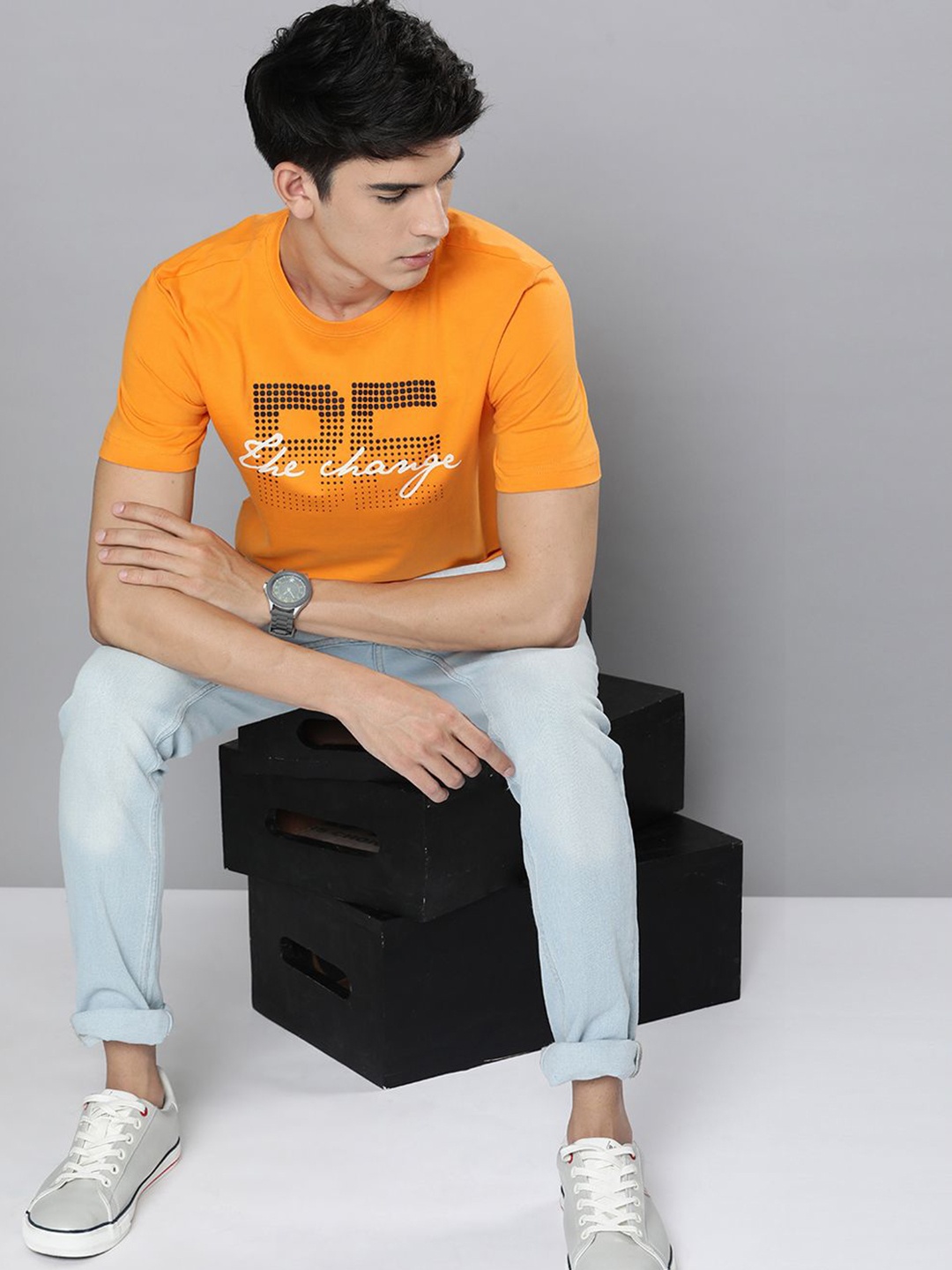 

HERE&NOW Men Orange & Black Typography Printed Pure Cotton T-shirt