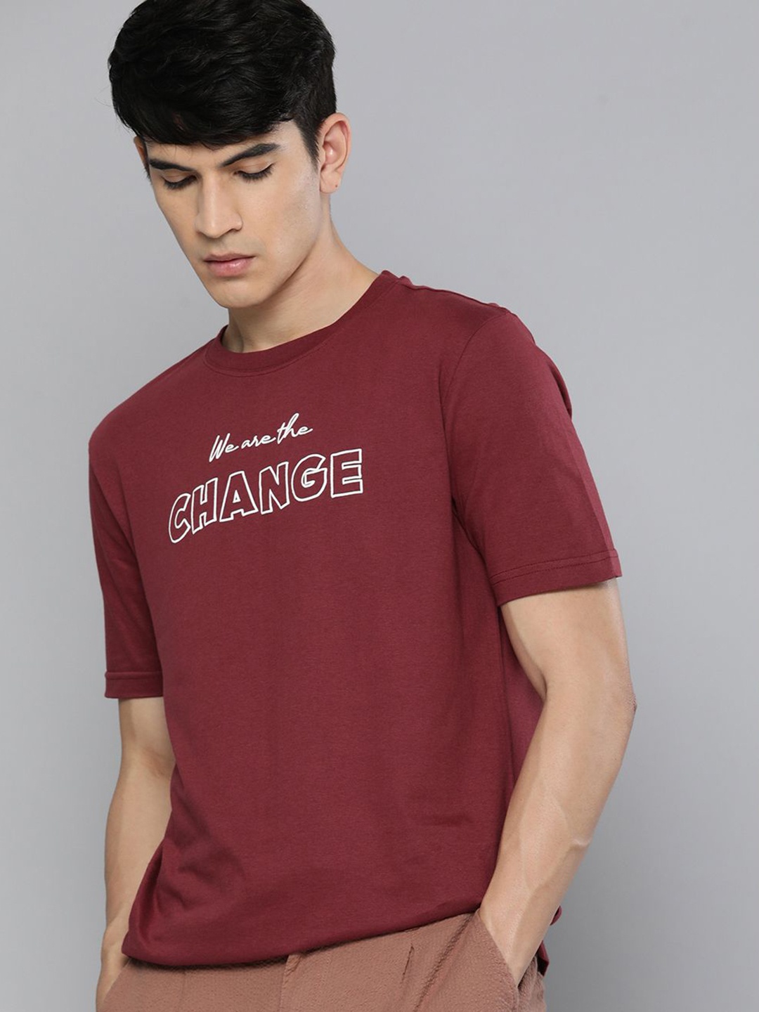 HERE&NOW Men Maroon Typography Printed Pure Cotton T-shirt