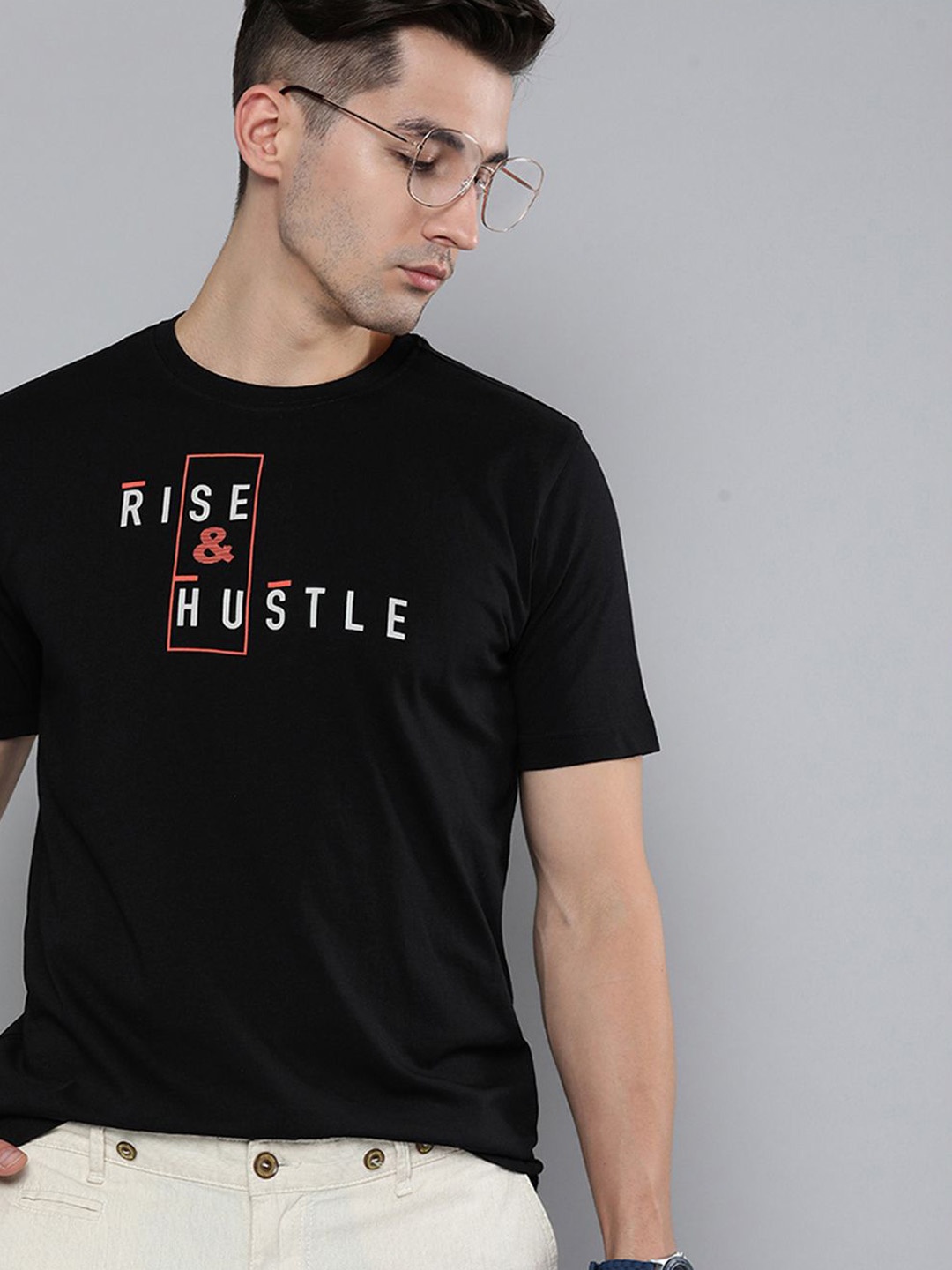 

HERE&NOW Men Black Printed Pure Fairtrade cotton T-shirt