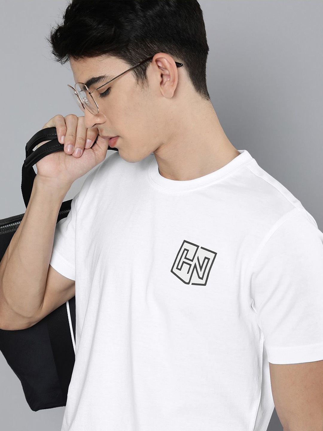 HERE&NOW Men White & Black Brand Logo Printed Pure Cotton T-shirt