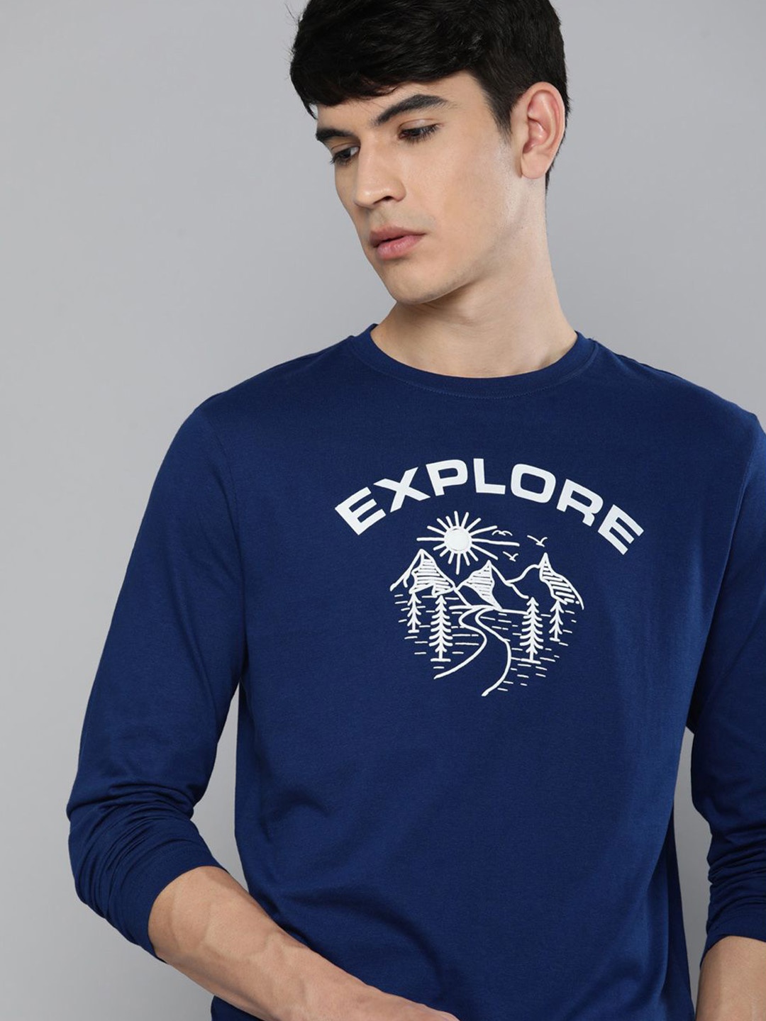 

HERE&NOW Men Navy Blue Printed Pure Cotton T-shirt