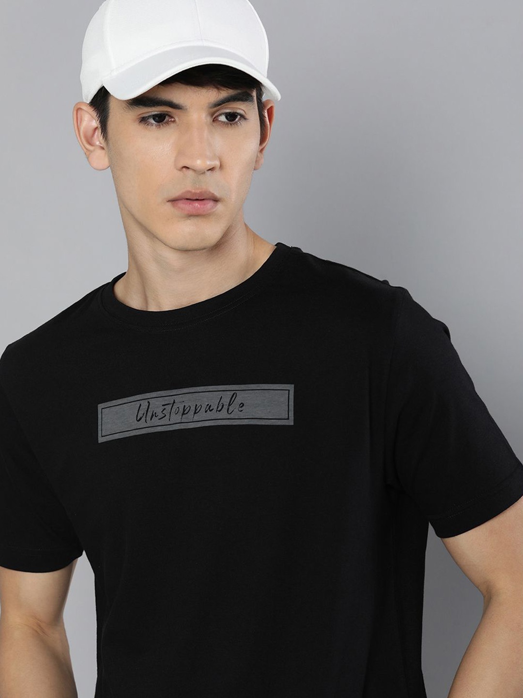 

HERE&NOW Men Black & Charcoal Typography Printed Pure Cotton T-shirt