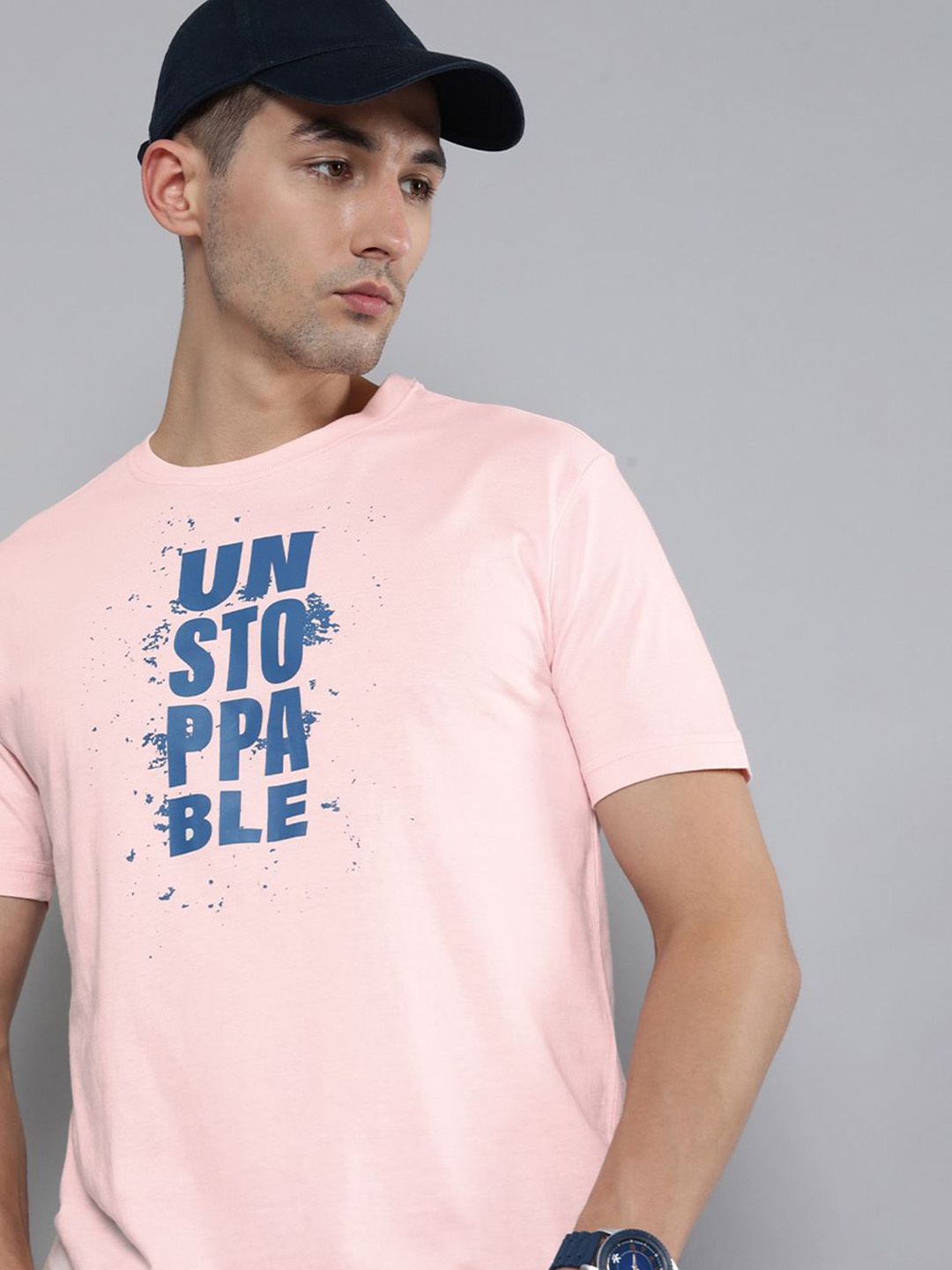 

HERE&NOW Men Pink & Navy Blue Typography Printed Pure Fairtrade cotton T-shirt