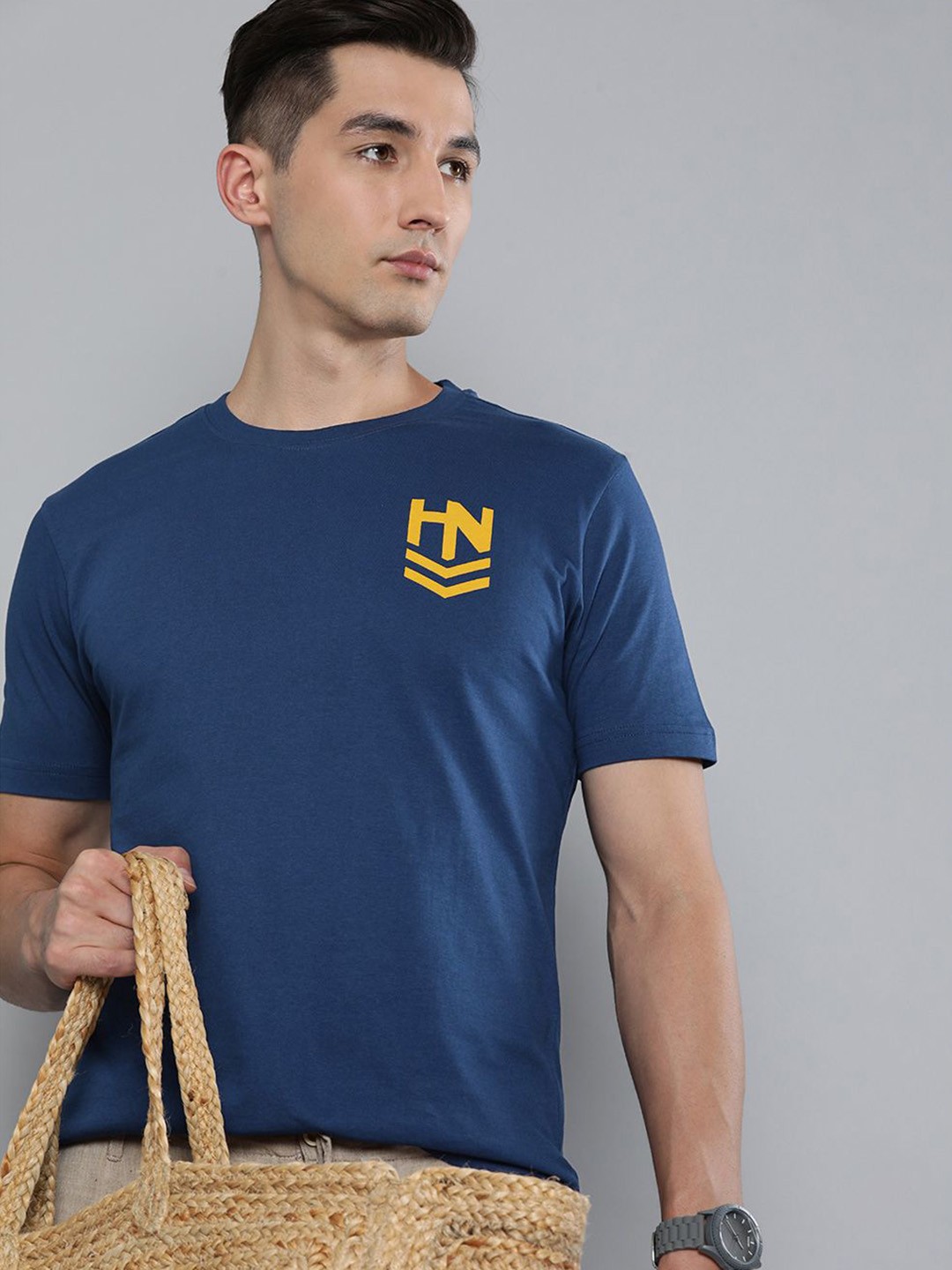 

HERE&NOW Men Teal Blue & Mustard Yellow Brand Logo Printed Pure Cotton Sustainable T-shirt