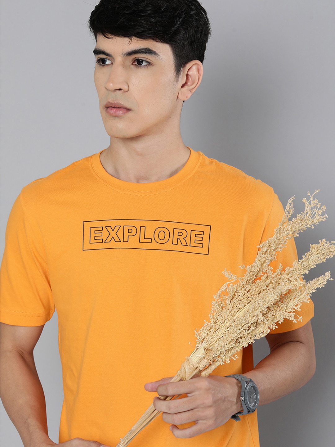

HERE&NOW Men Mustard Yellow & Black Typography Printed Pure Cotton T-shirt