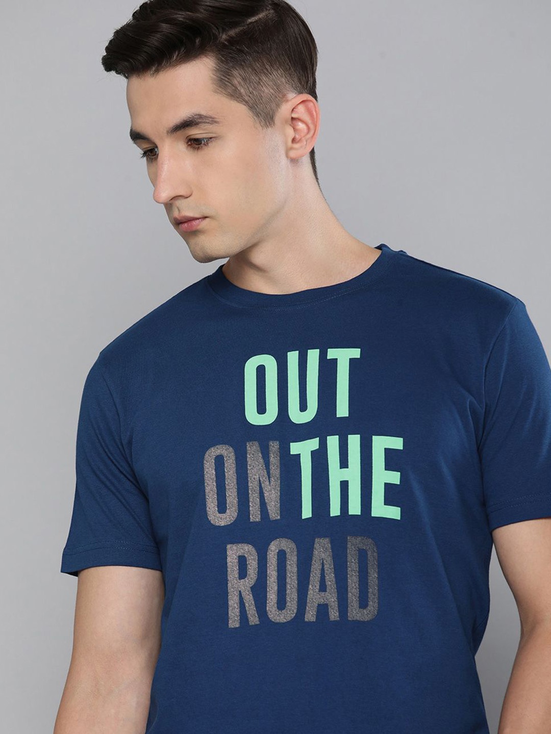 HERE&NOW Men Navy Blue Typography Printed Pure Cotton T-shirt