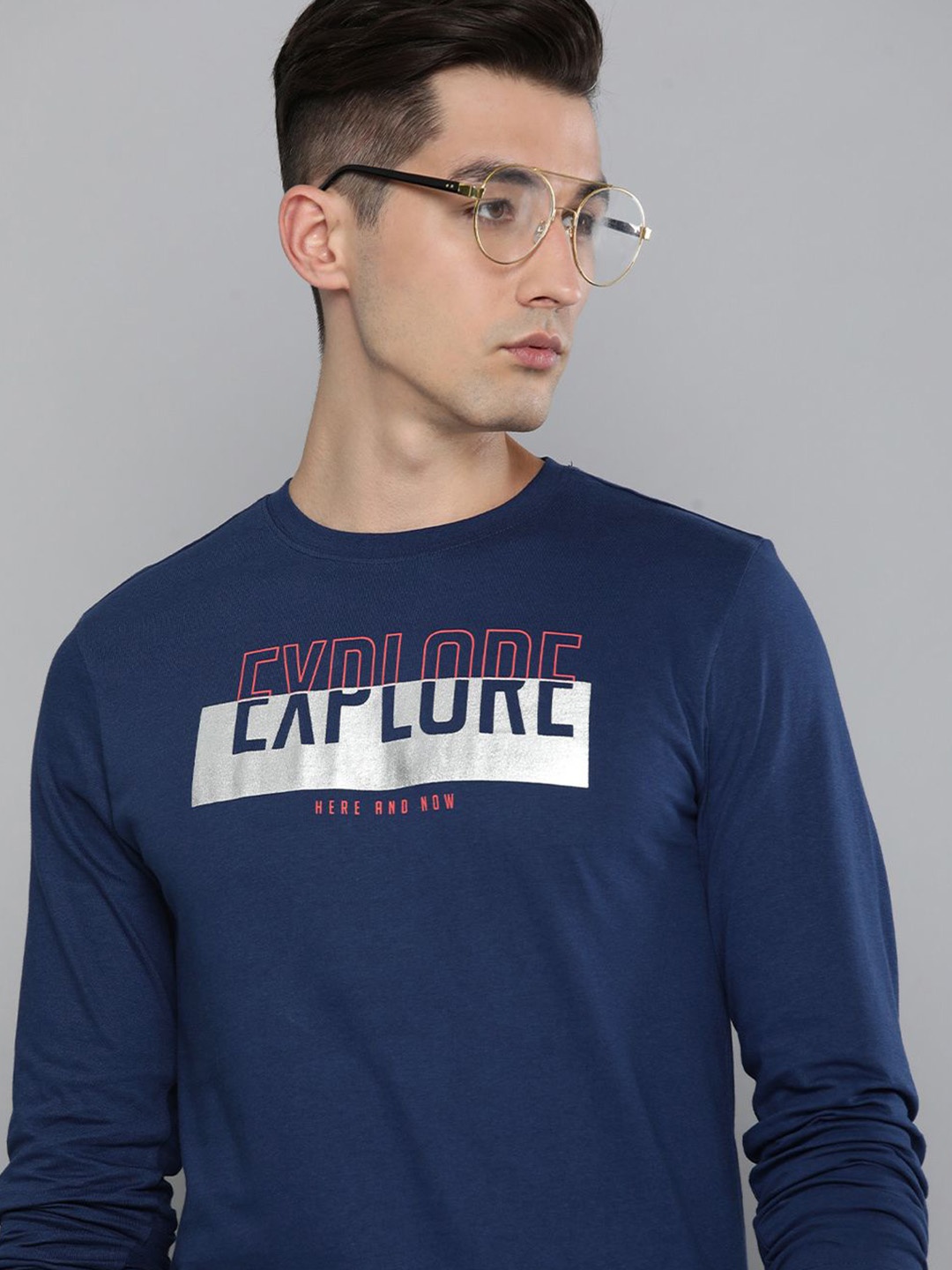 HERE&NOW Men Navy Blue Typography Printed Pure Cotton T-shirt
