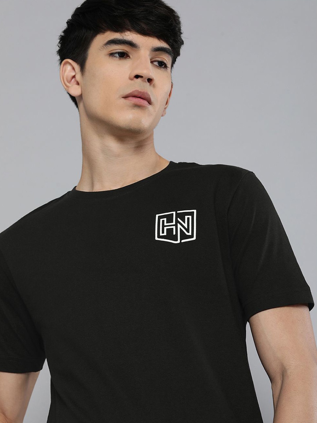 

HERE&NOW Men Black Brand Logo Printed Pure Cotton T-shirt