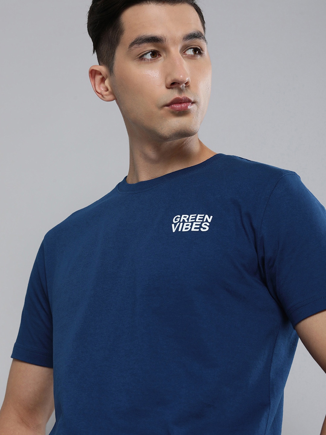 

HERE&NOW Men Navy Blue Typography Printed Pure Fairtrade cotton T-shirt