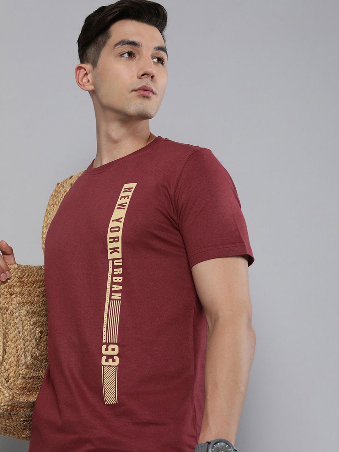 HERE&NOW Men Maroon Typography Printed Pure Cotton T-shirt