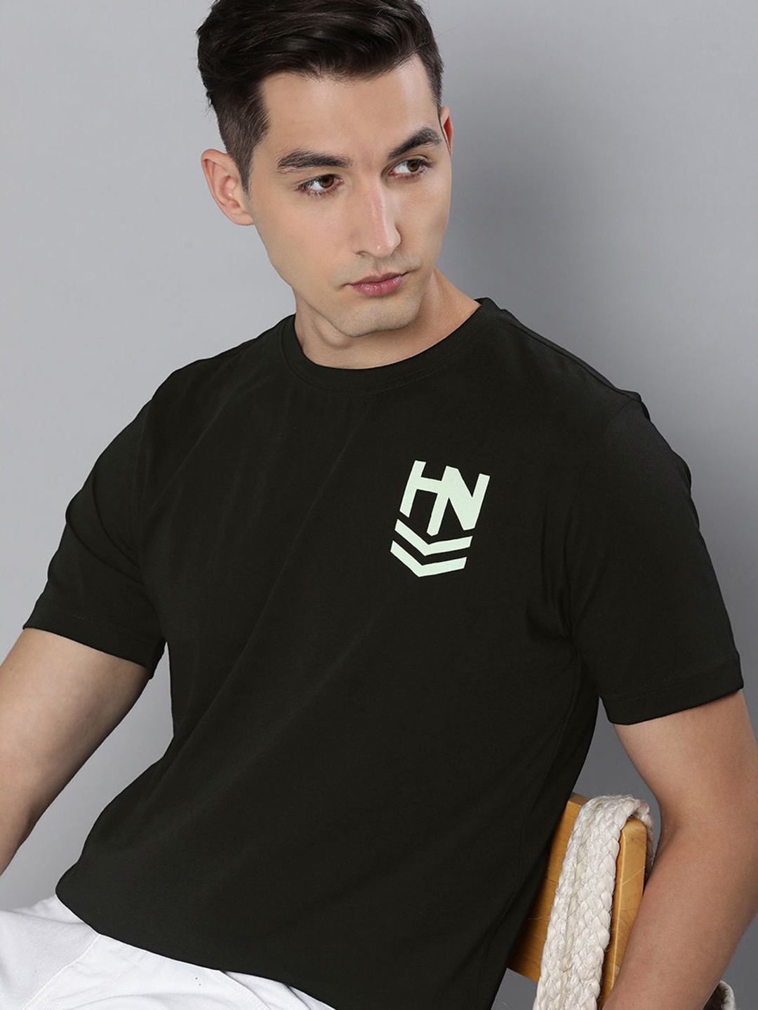 

HERE&NOW Men Black & White Brand Logo Printed Pure Fairtrade cotton T-shirt