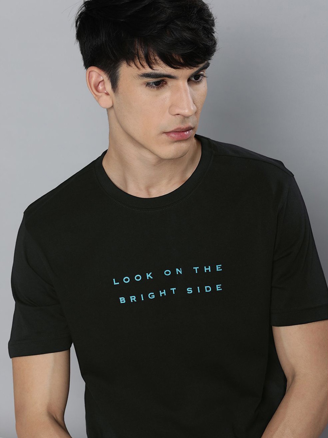 HERE&NOW Men Black & Blue Typography Printed Pure Cotton Sustainable T-shirt