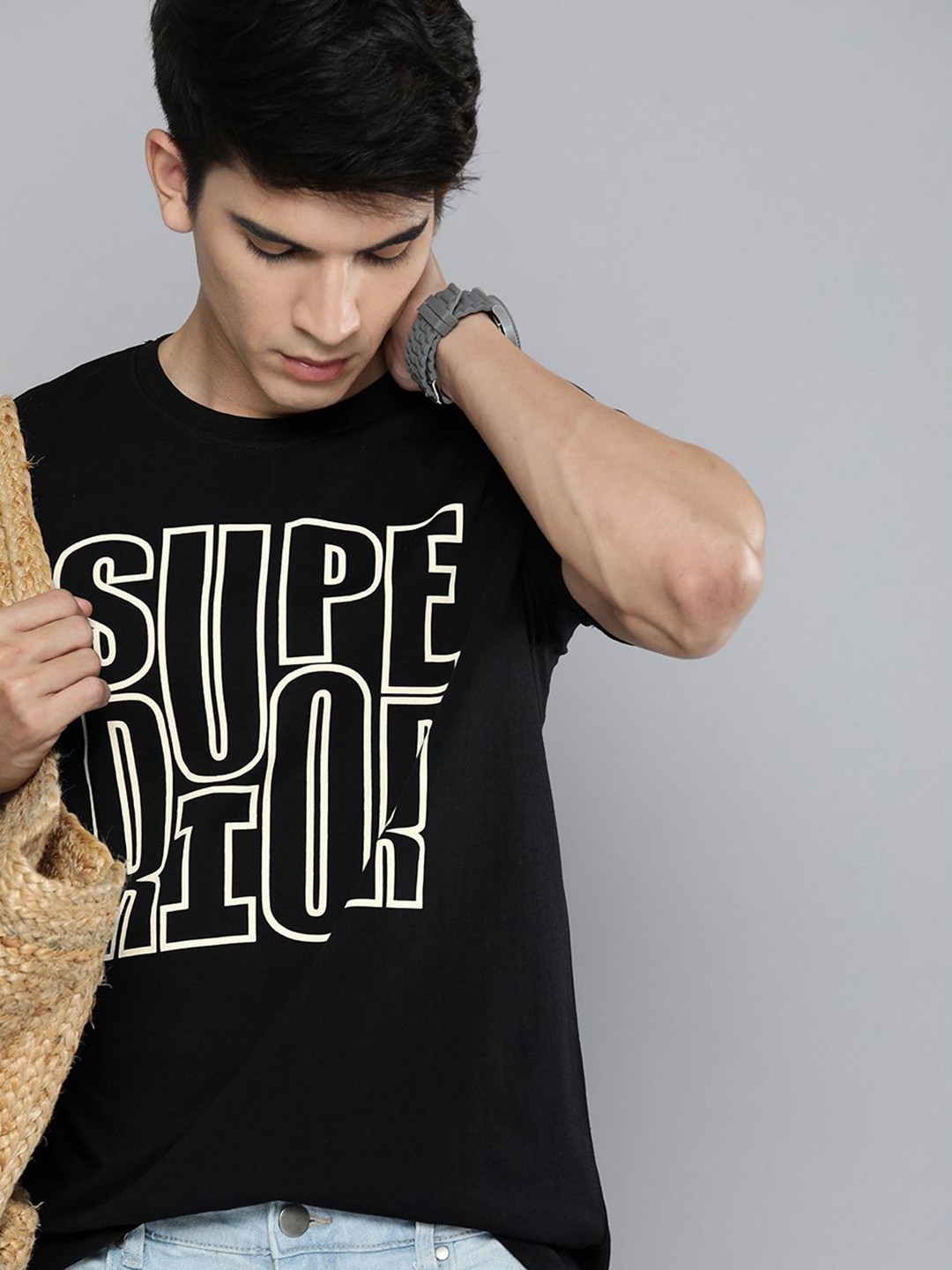 

HERE&NOW Men Black & White Typography Printed Monochrome Pure Fairtrade cotton T-shirt