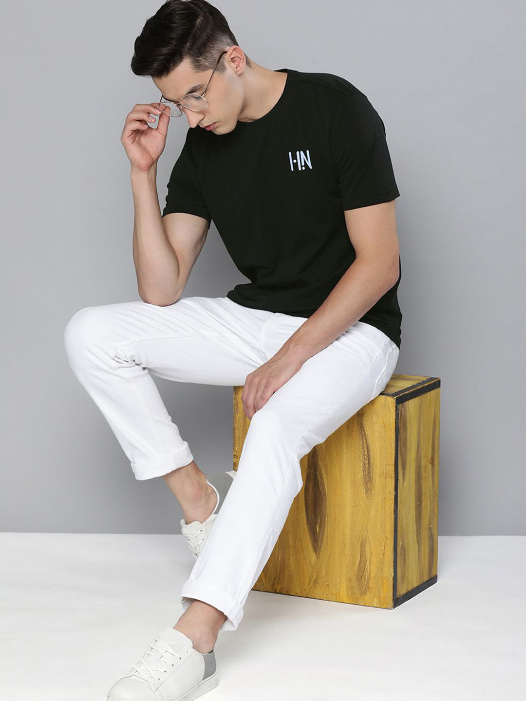 

HERE&NOW Men Black & White Brand Logo Printed Pure Cotton T-shirt