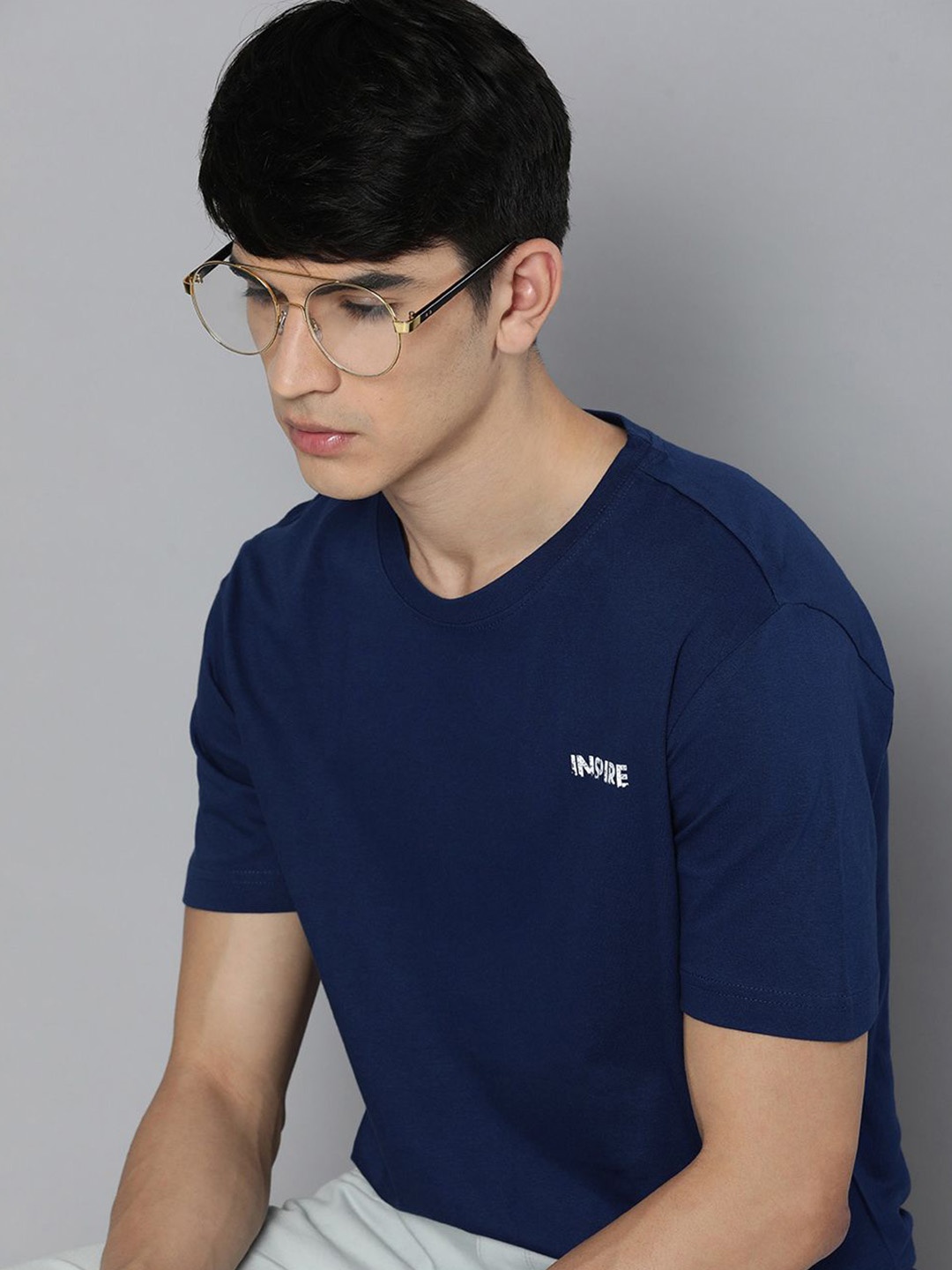 

HERE&NOW Men Navy Blue Pure Cotton T-shirt