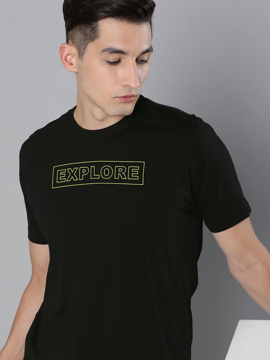 HERE&NOW Men Black & Yellow Typography Printed Pure Cotton Sustainable T-shirt