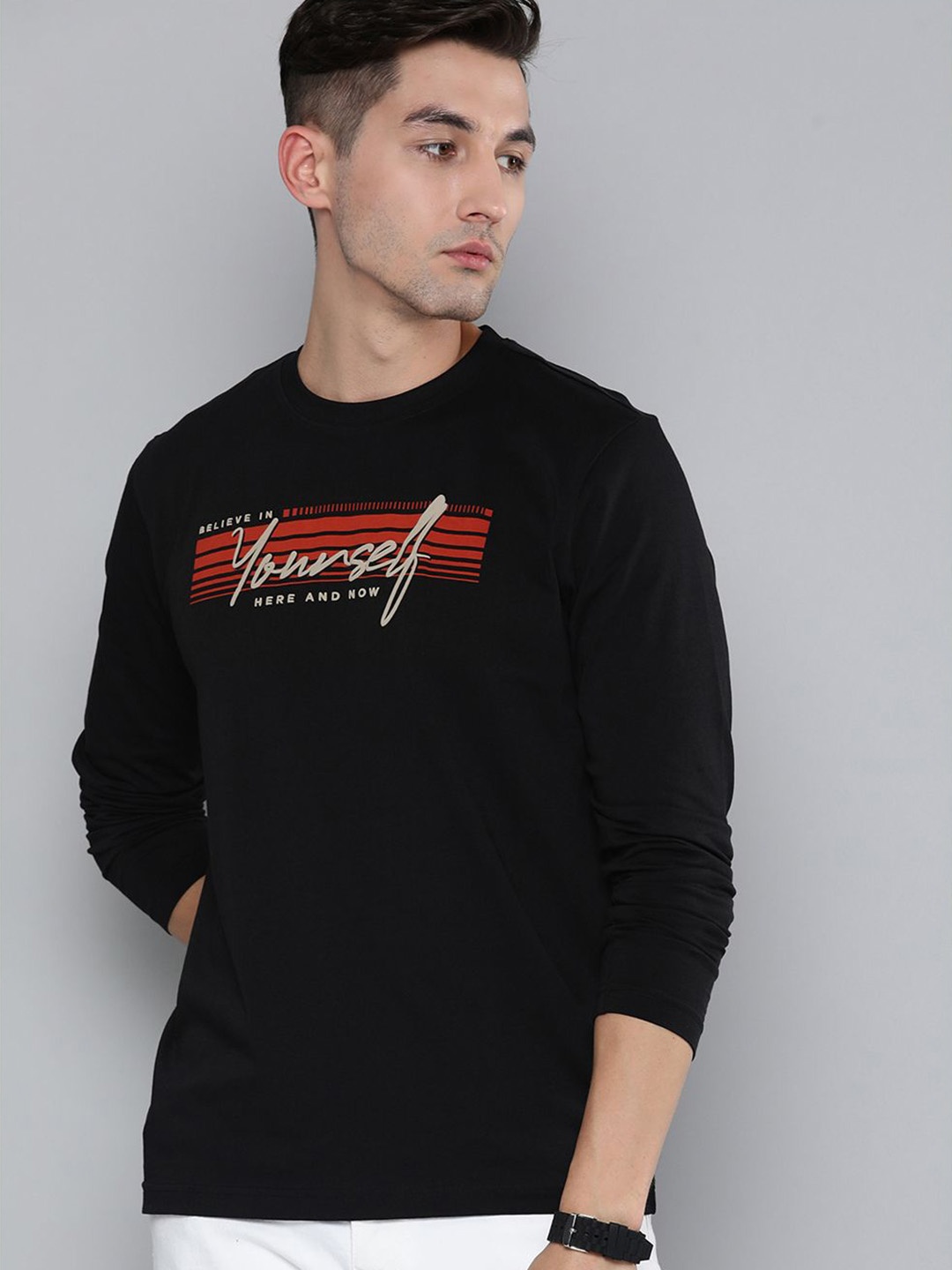 HERE&NOW Men Black & Red Typography Printed Pure Cotton T-shirt
