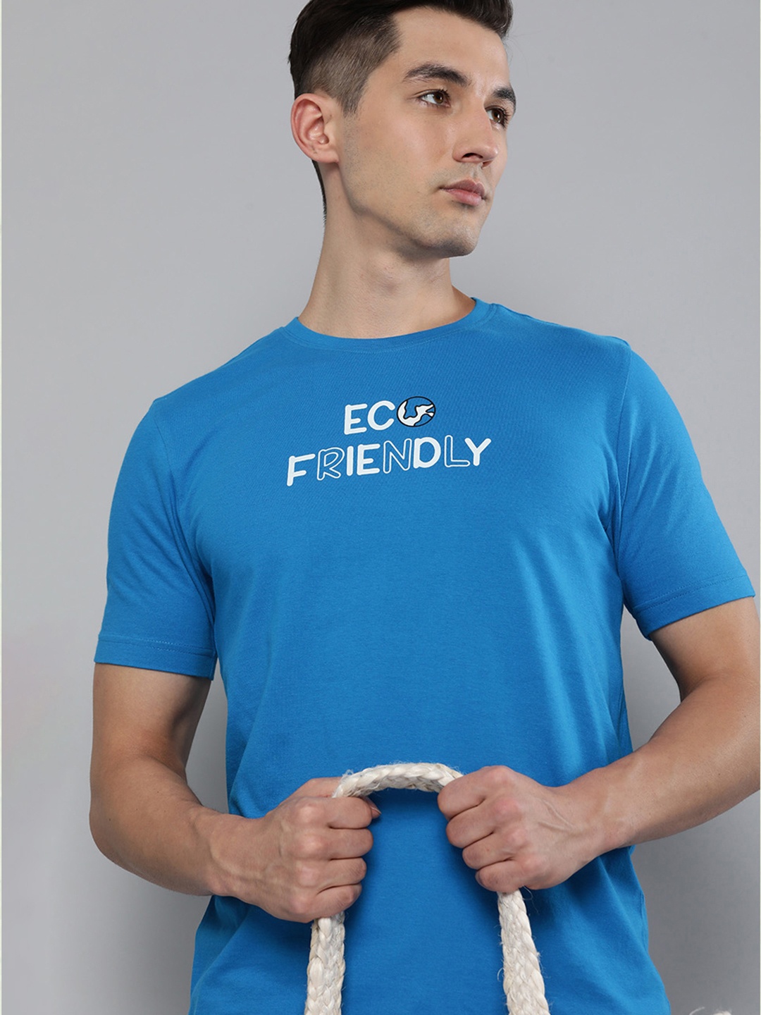 HERE&NOW Men Blue Typography Printed Pure Cotton T-shirt
