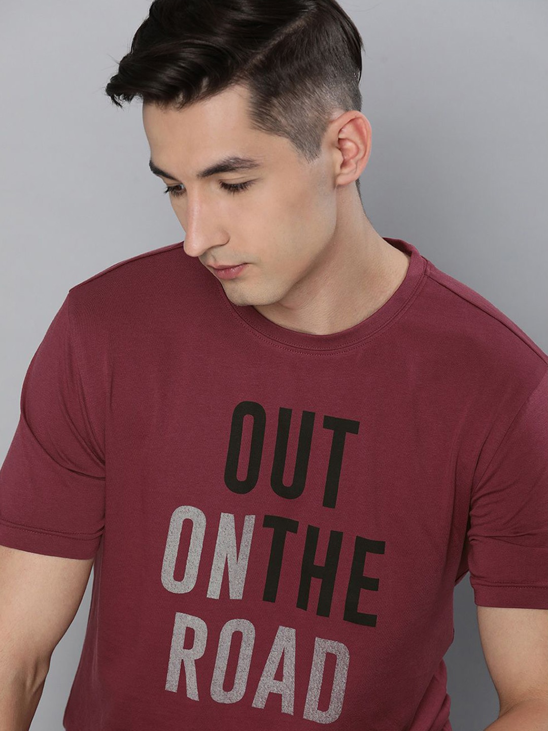 

HERE&NOW Men Maroon Typography Printed Pure Cotton T-shirt