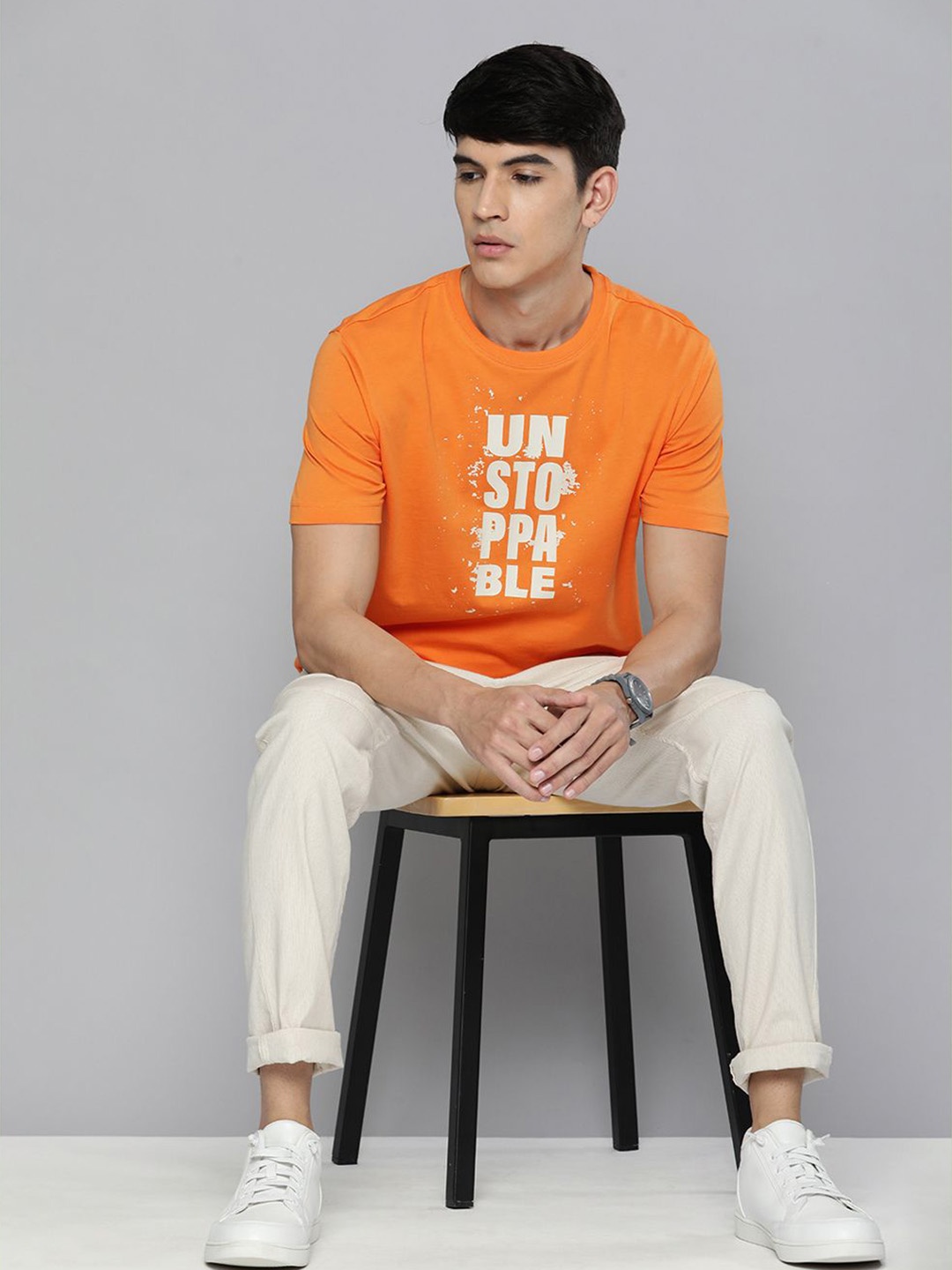HERE&NOW Men Orange Typography Printed Pure Cotton T-shirt