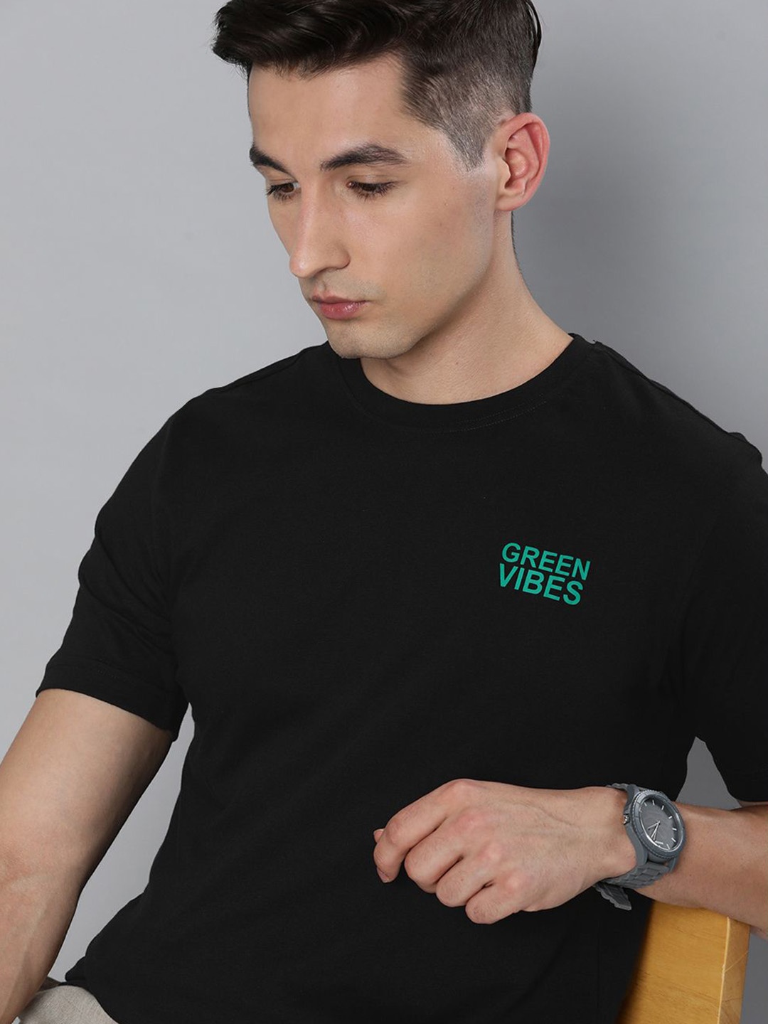 

HERE&NOW Men Black Pure Cotton T-shirt