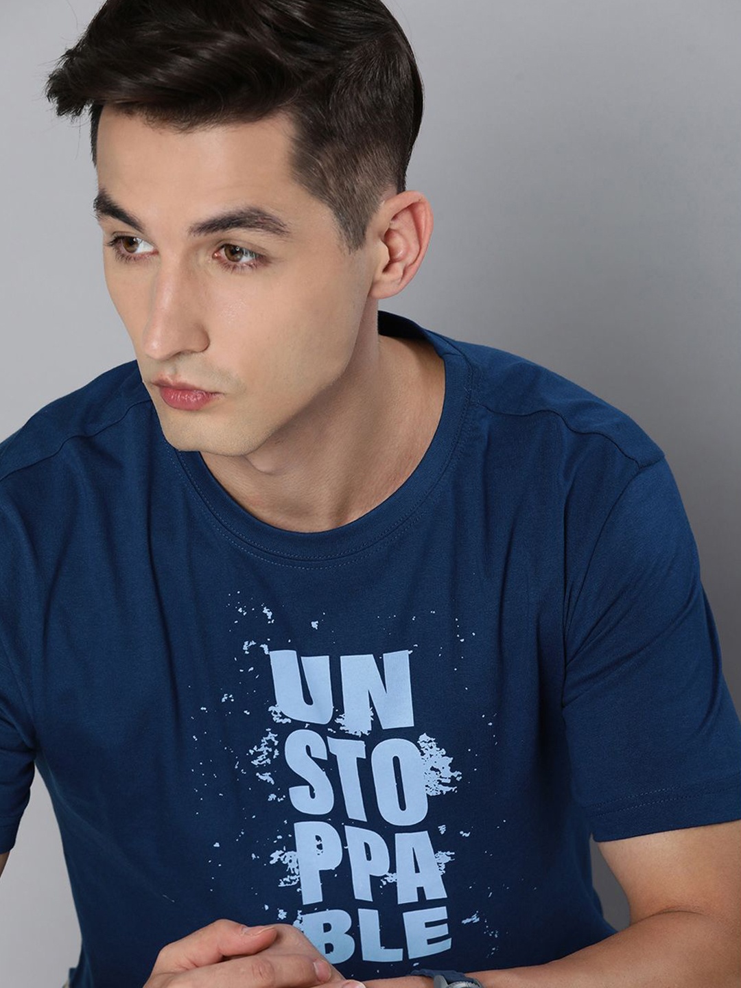 

HERE&NOW Men Navy Blue Typography Printed Pure Fairtrade cotton T-shirt