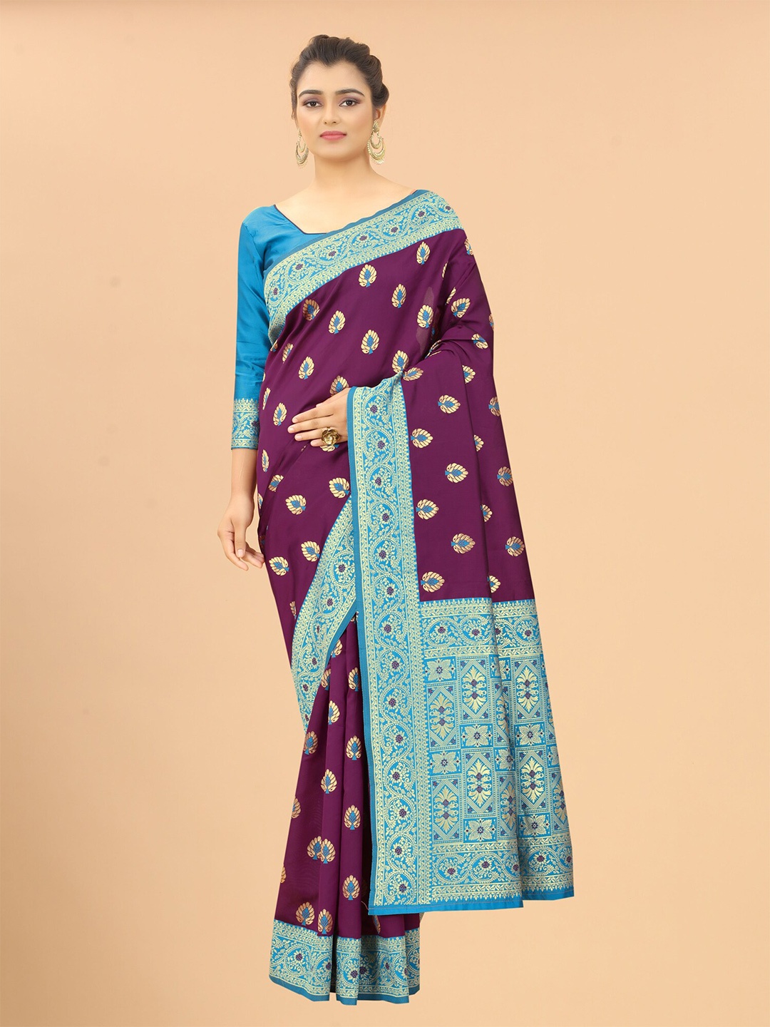 

SATYAM WEAVES Burgundy & Blue Woven Design Zari Silk Cotton Banarasi Saree