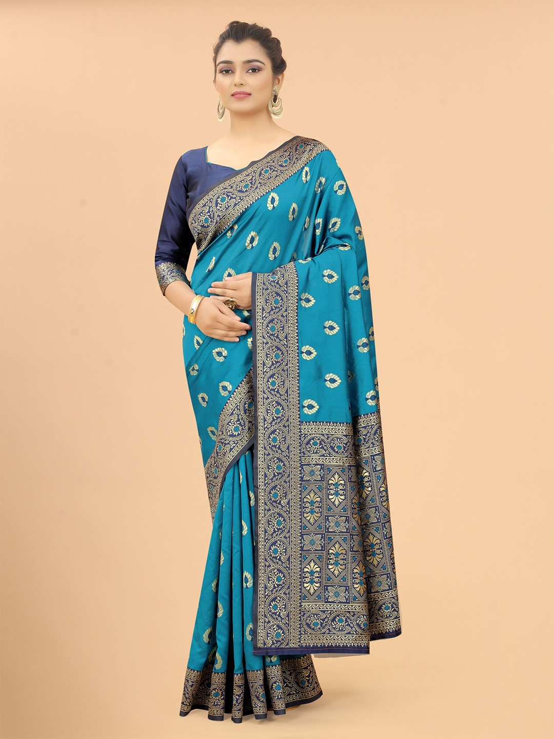 

SATYAM WEAVES Turquoise Blue & Blue Woven Design Silk Cotton Banarasi Saree