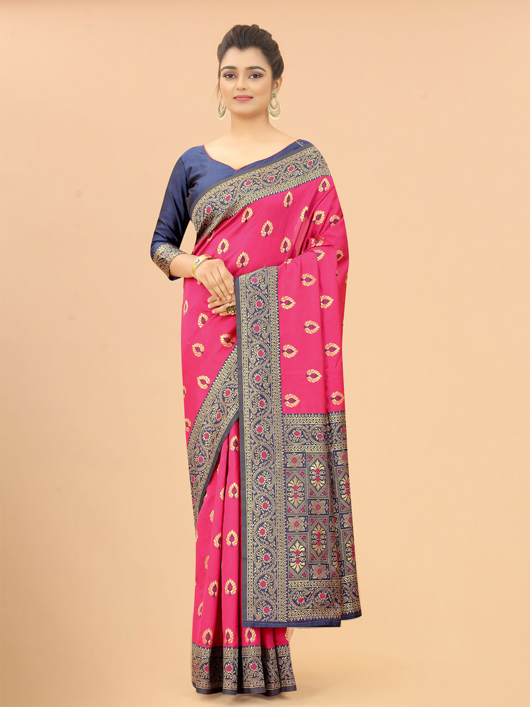 

SATYAM WEAVES Pink & Navy Blue Woven Design Zari Silk Cotton Banarasi Saree