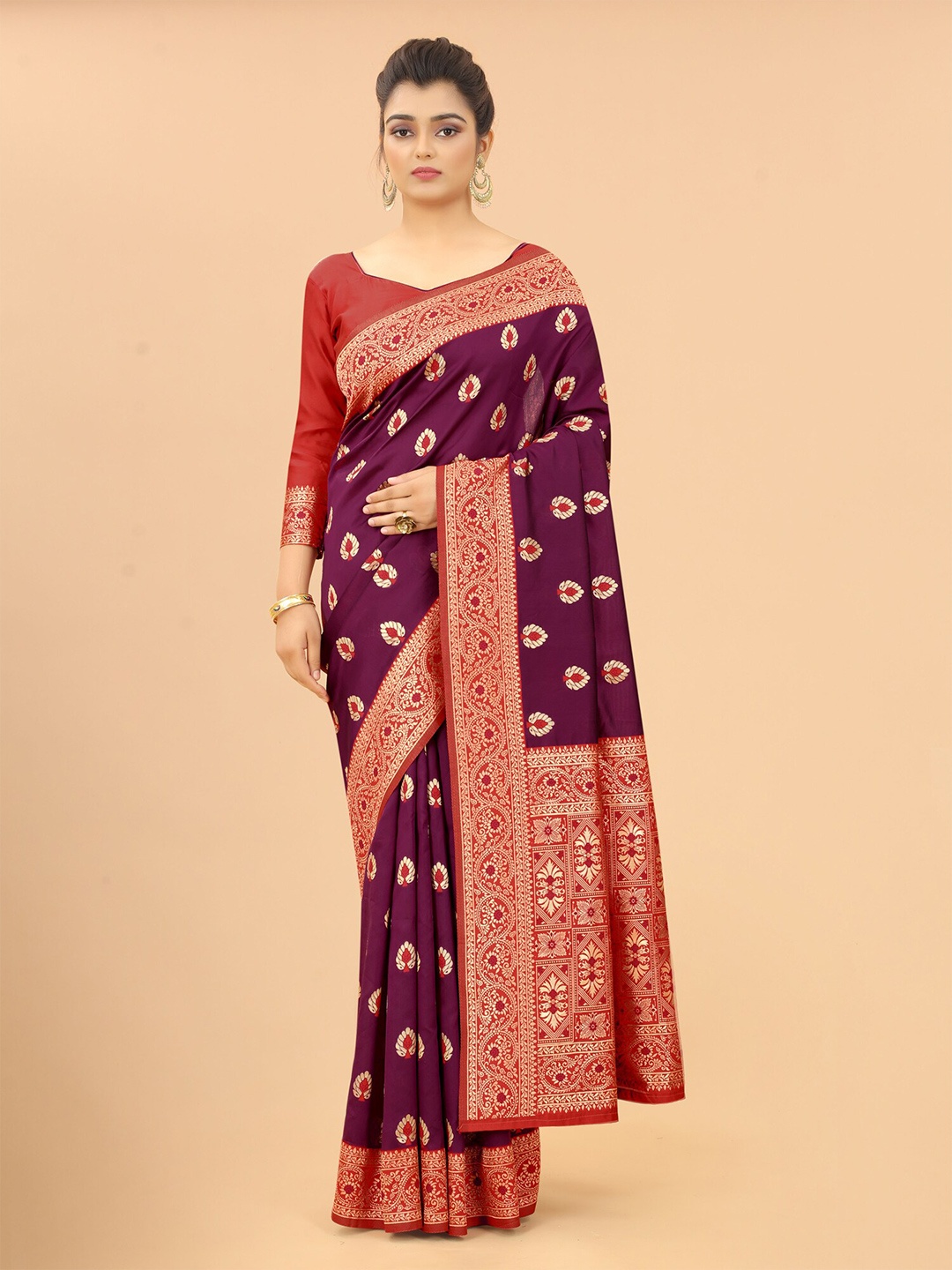 

SATYAM WEAVES Burgundy & Red Woven Design Zari Silk Cotton Banarasi Saree